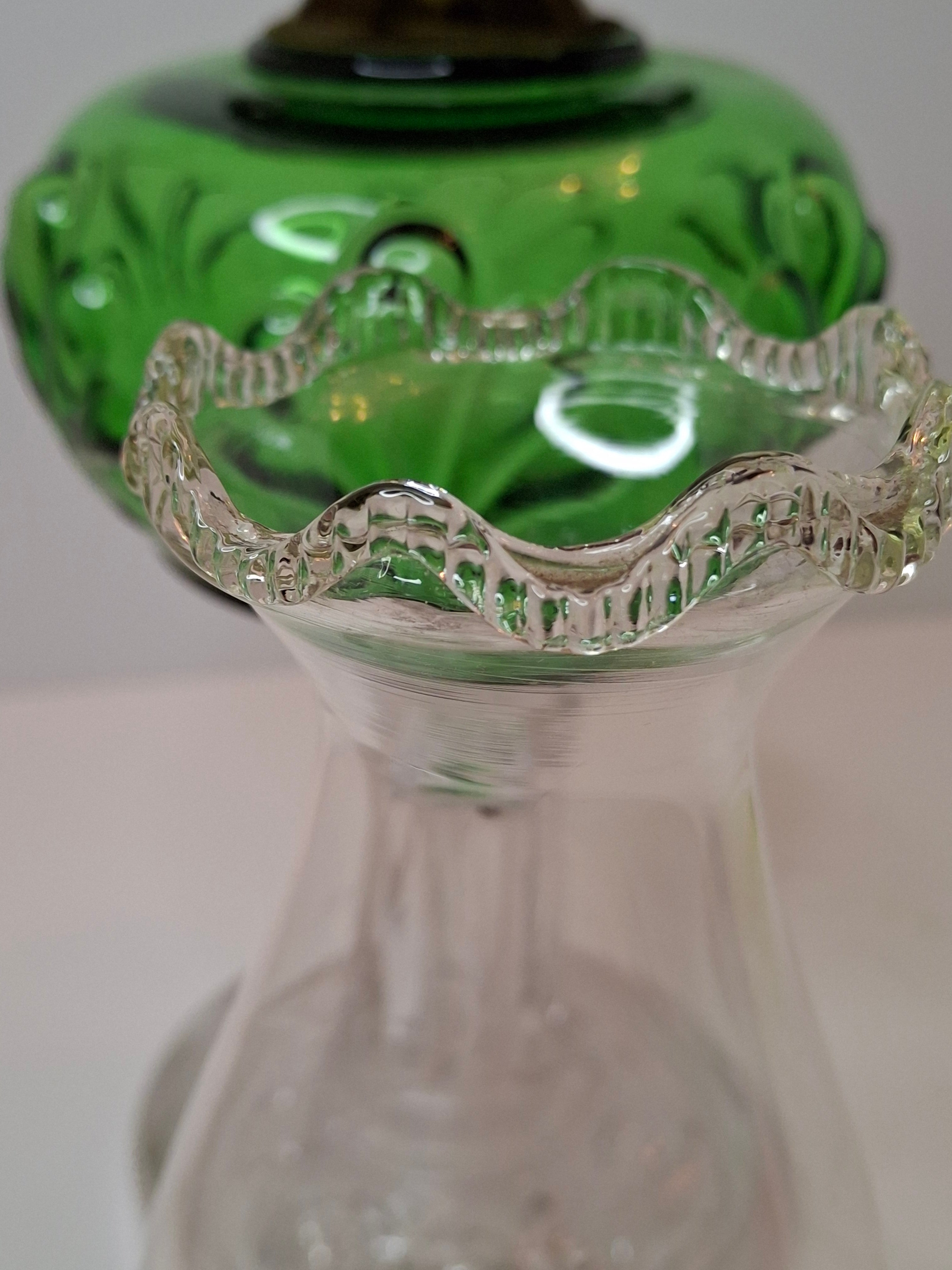 Antique Emerald Green Glass Kerosene Lamp Star of David Base Queen Anne Burner