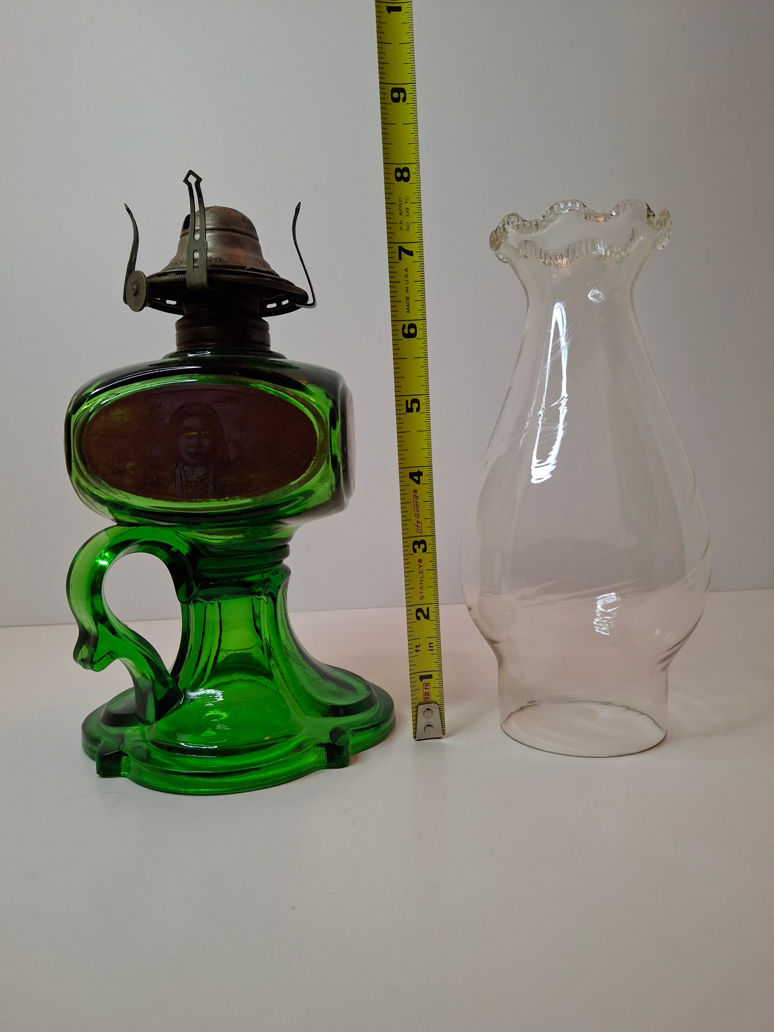 Antique Emerald Green Glass Kerosene Finger Lamp 4-Panel Portrait Native American Pilgrim White Flame Burner