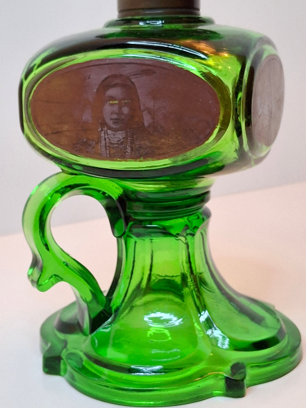 Antique Emerald Green Glass Kerosene Finger Lamp 4-Panel Portrait Native American Pilgrim White Flame Burner