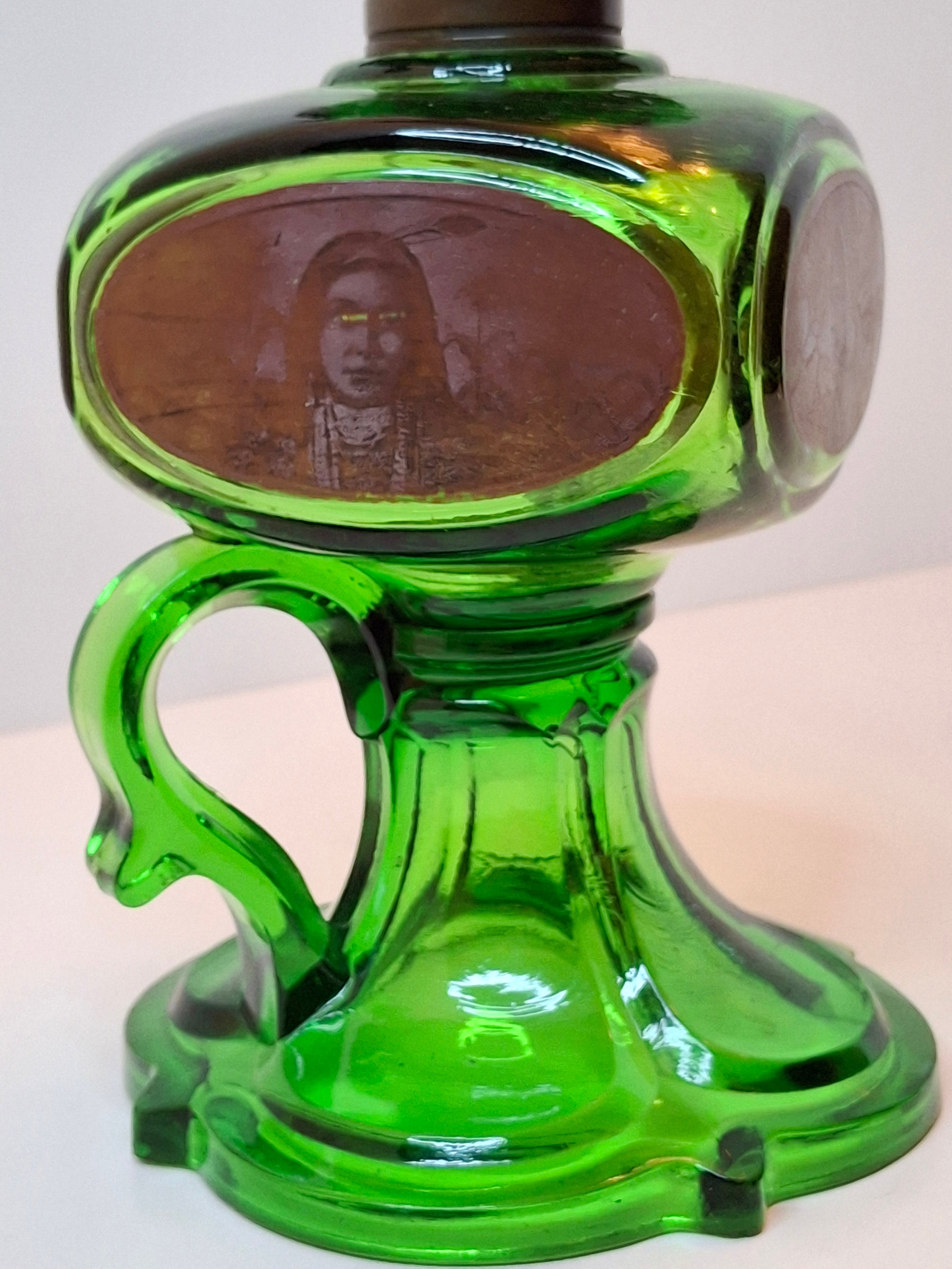 Antique Emerald Green Glass Kerosene Finger Lamp 4-Panel Portrait Native American Pilgrim White Flame Burner