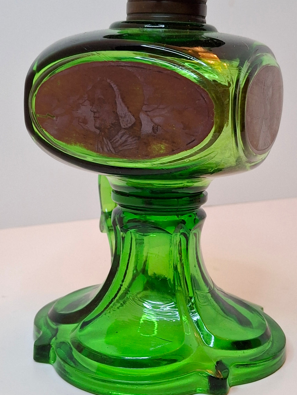 Antique Emerald Green Glass Kerosene Finger Lamp 4-Panel Portrait Native American Pilgrim White Flame Burner