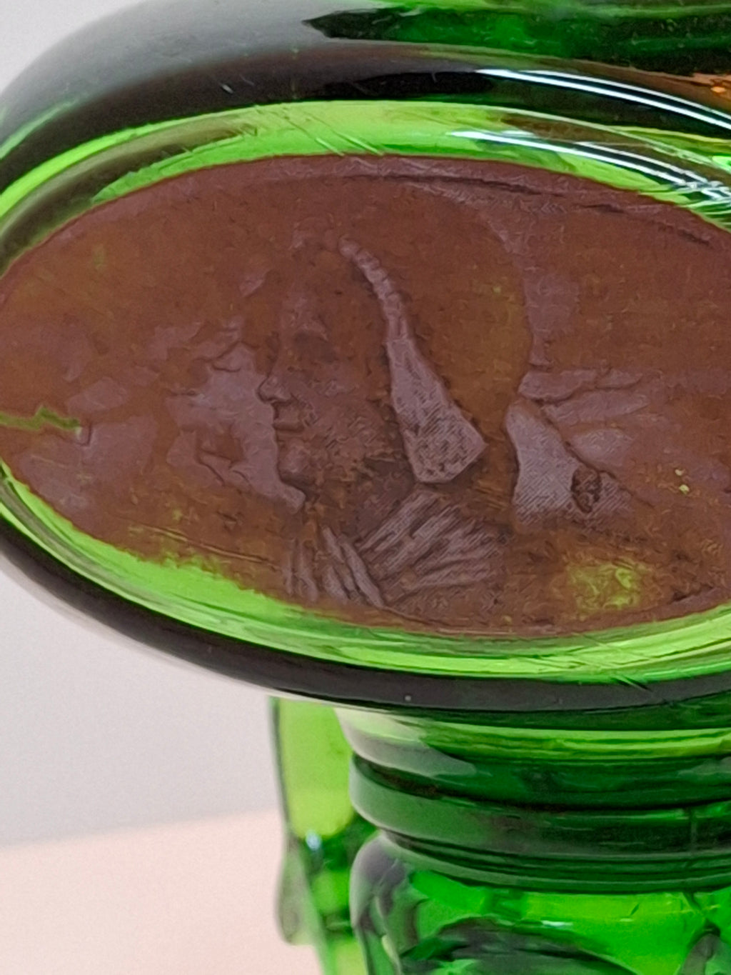 Antique Emerald Green Glass Kerosene Finger Lamp 4-Panel Portrait Native American Pilgrim White Flame Burner