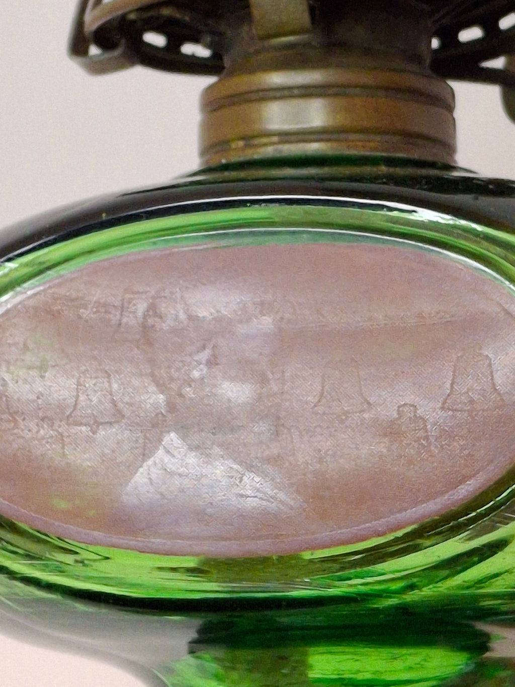 Antique Emerald Green Glass Kerosene Finger Lamp 4-Panel Portrait Native American Pilgrim White Flame Burner