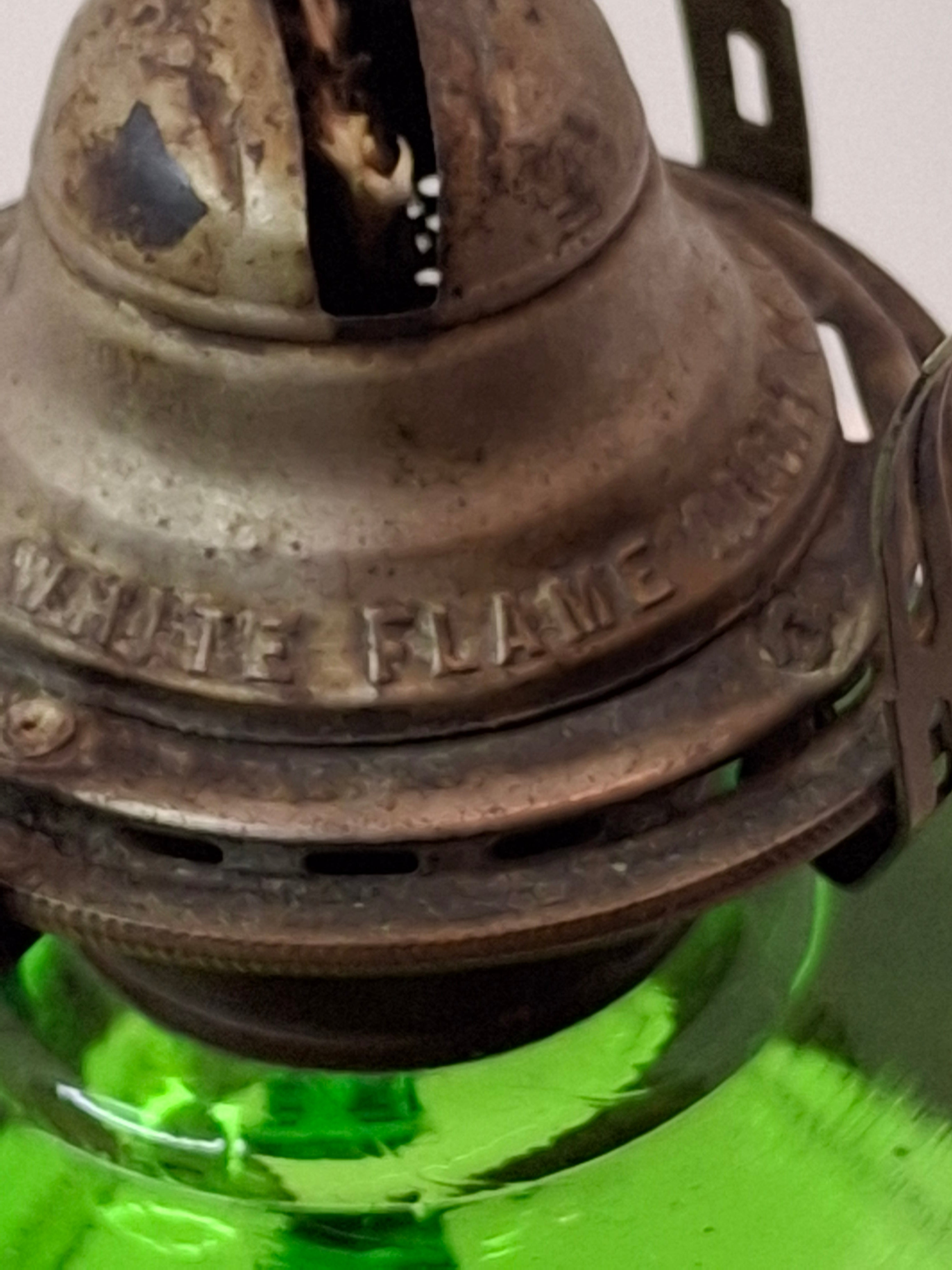 Antique Emerald Green Glass Kerosene Finger Lamp 4-Panel Portrait Native American Pilgrim White Flame Burner