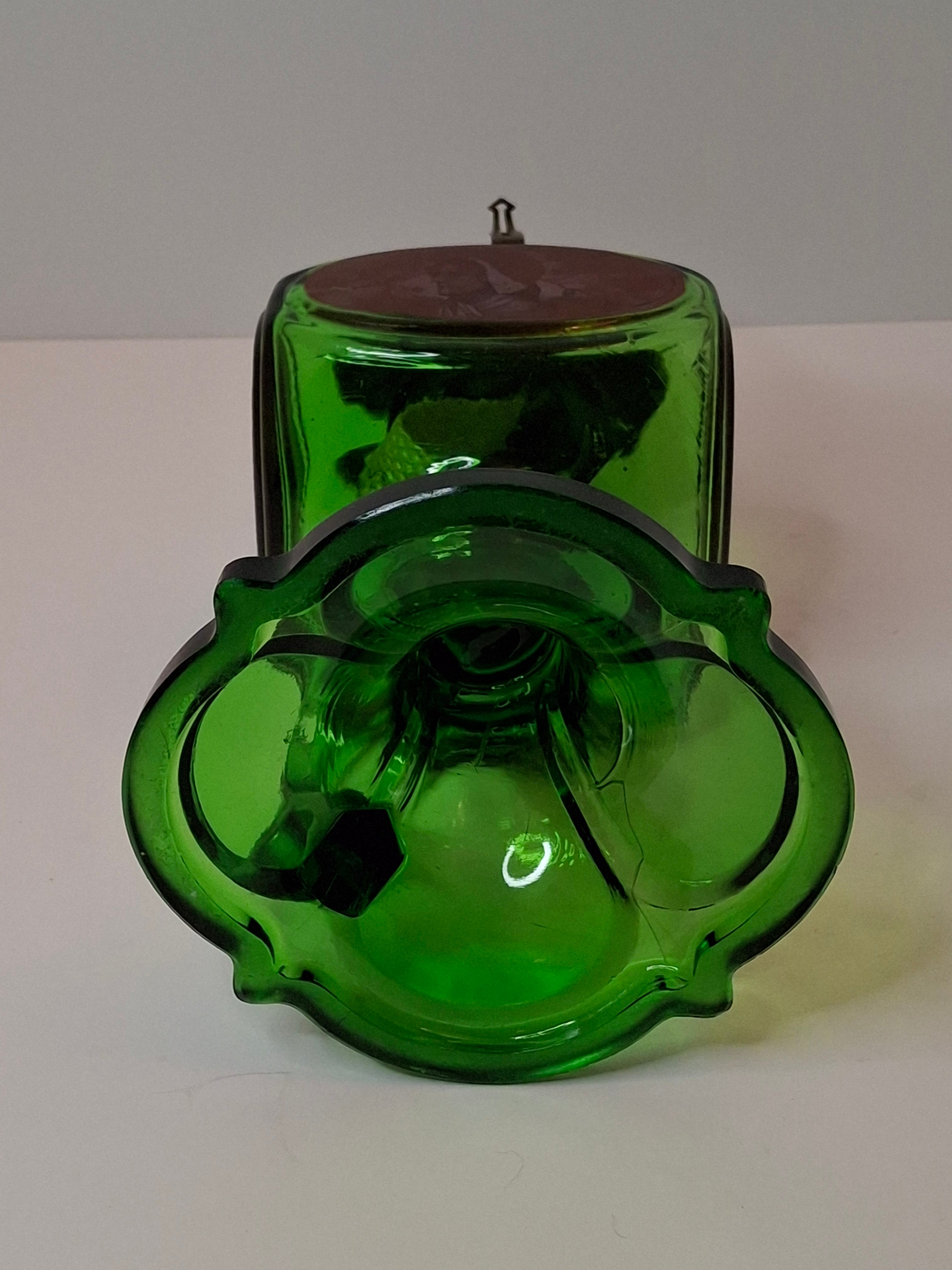 Antique Emerald Green Glass Kerosene Finger Lamp 4-Panel Portrait Native American Pilgrim White Flame Burner