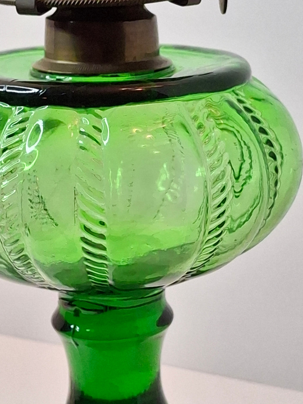 Pair Antique Emerald Green Kerosene Lamps Thousand Eye Base Rope Font EAPG 1880s