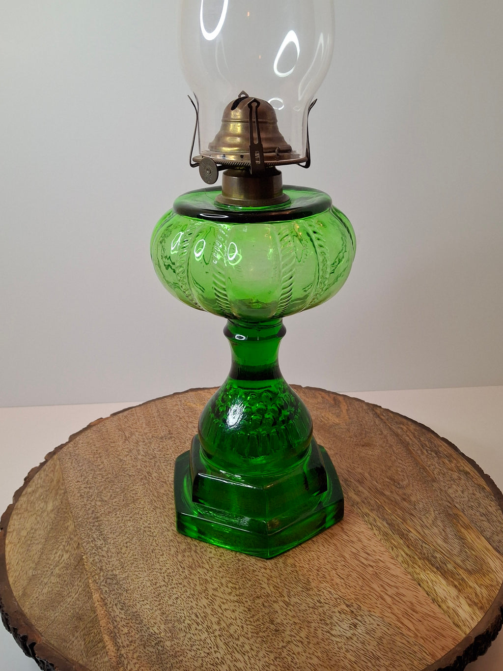 Pair Antique Emerald Green Kerosene Lamps Thousand Eye Base Rope Font EAPG 1880s