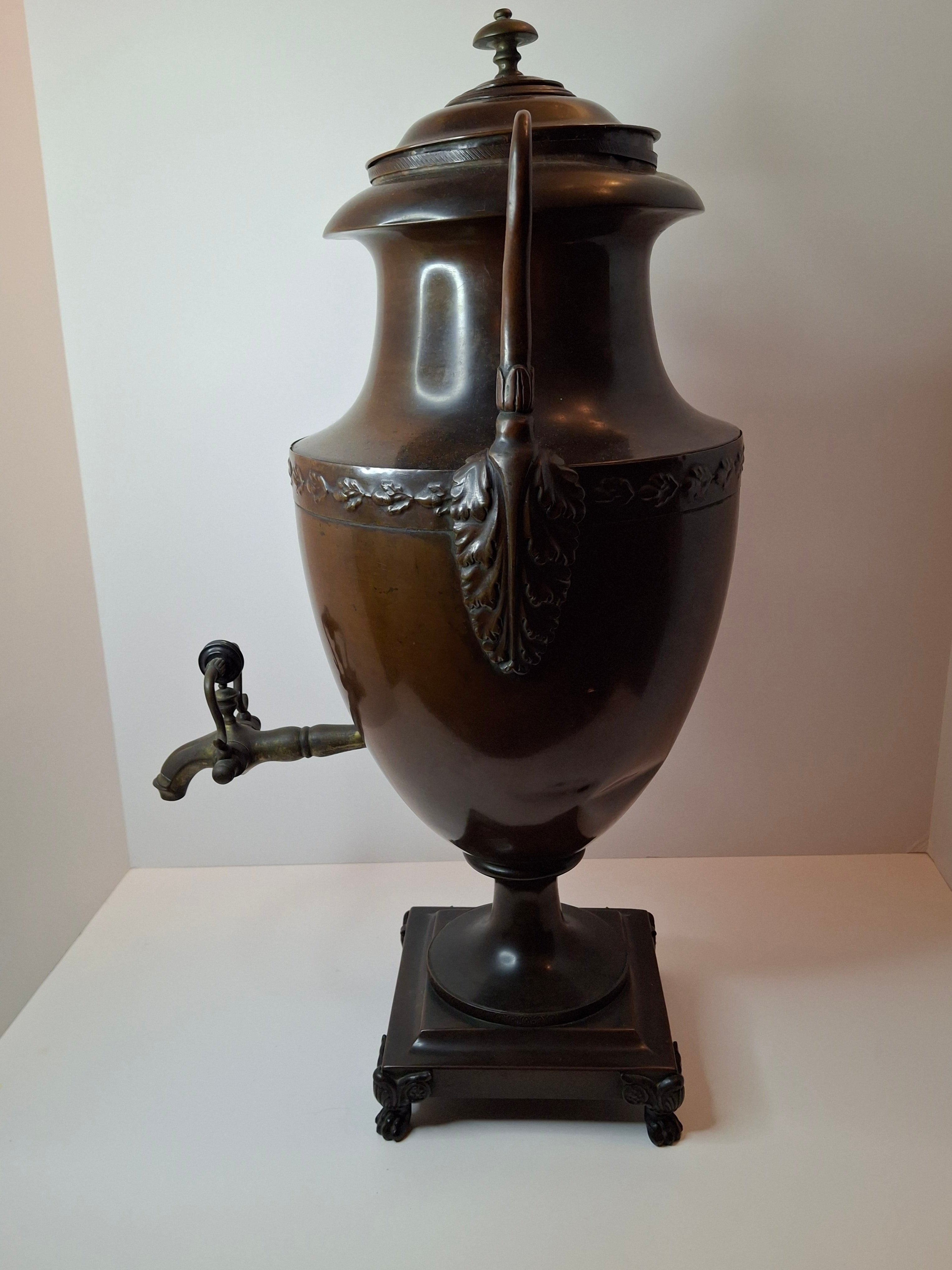 Antique Regency Copper Tea Urn Samovar Neoclassical Oak Leaf Frieze Lion Paw Feet c. 1820