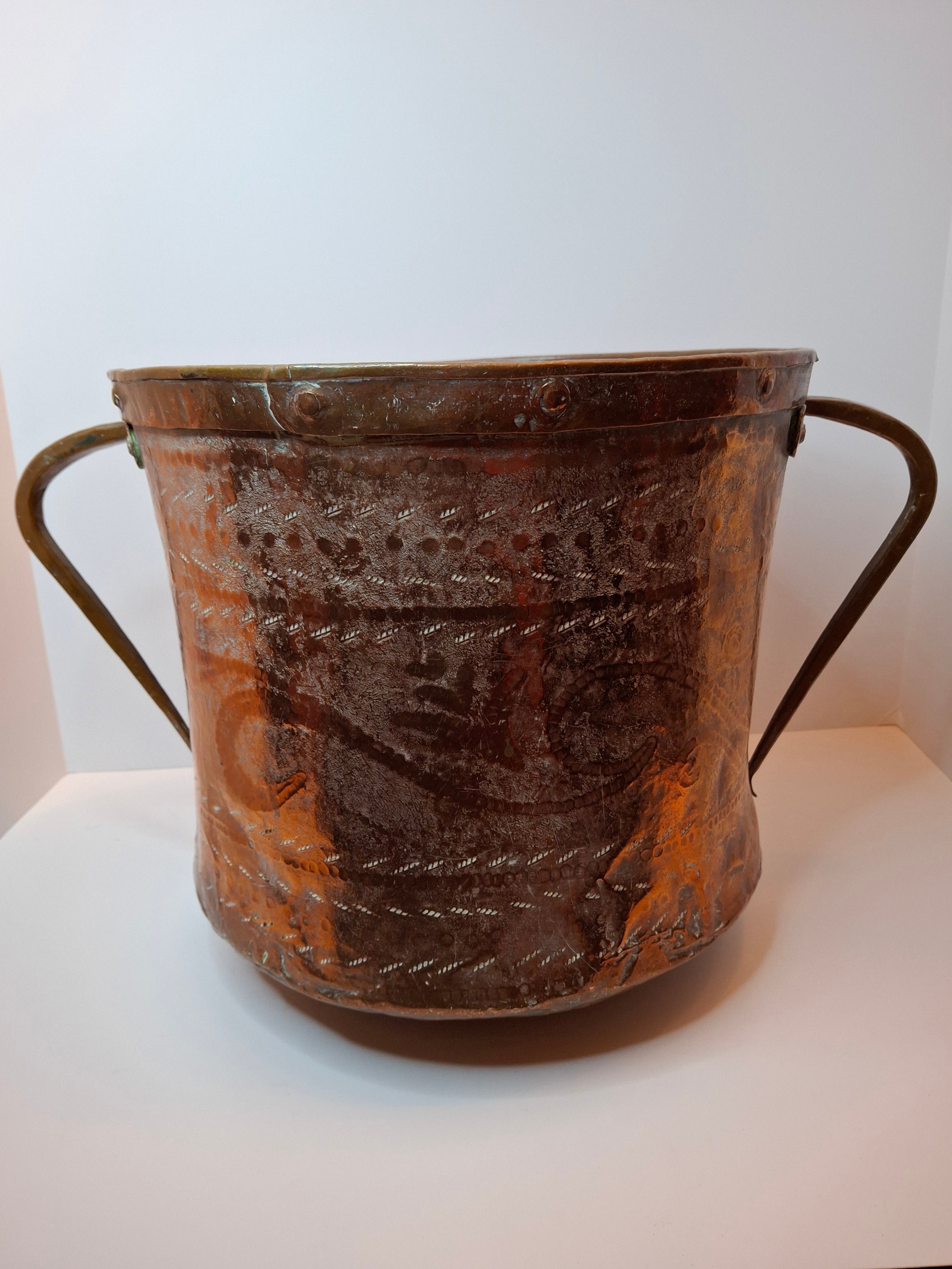 Antique 19th C Qajar Huge Copper Water Vessel Hand Hammered Repoussé Basin 11"