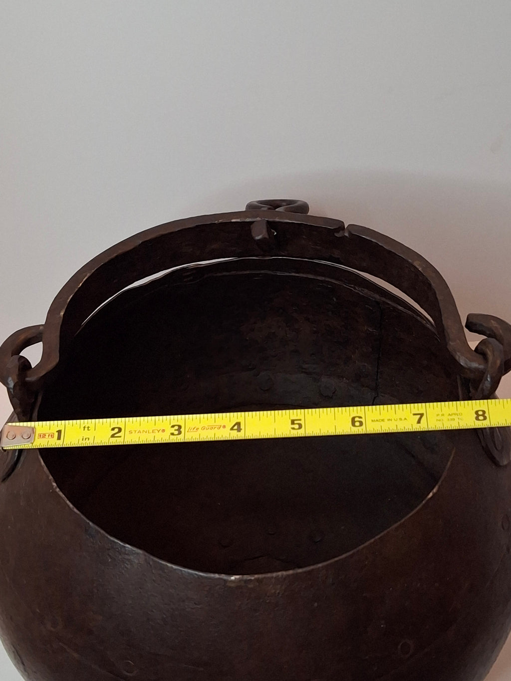 Antique 19th C Hand Forged Wrought Iron Well Bucket Riveted Strap Construction Hearth