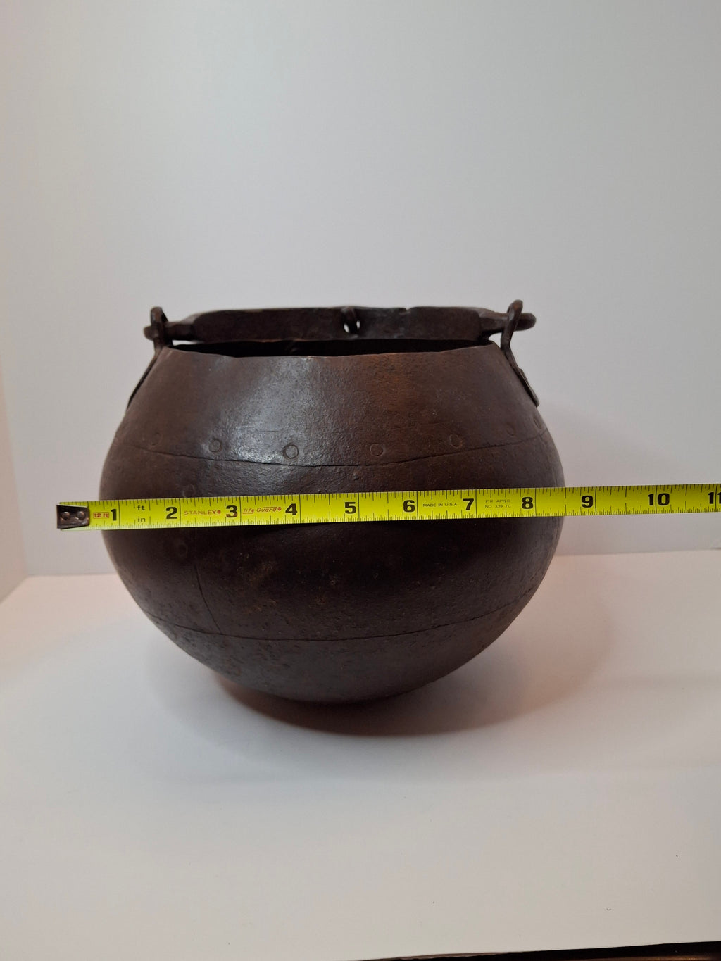 Antique 19th C Hand Forged Wrought Iron Well Bucket Riveted Strap Construction Hearth