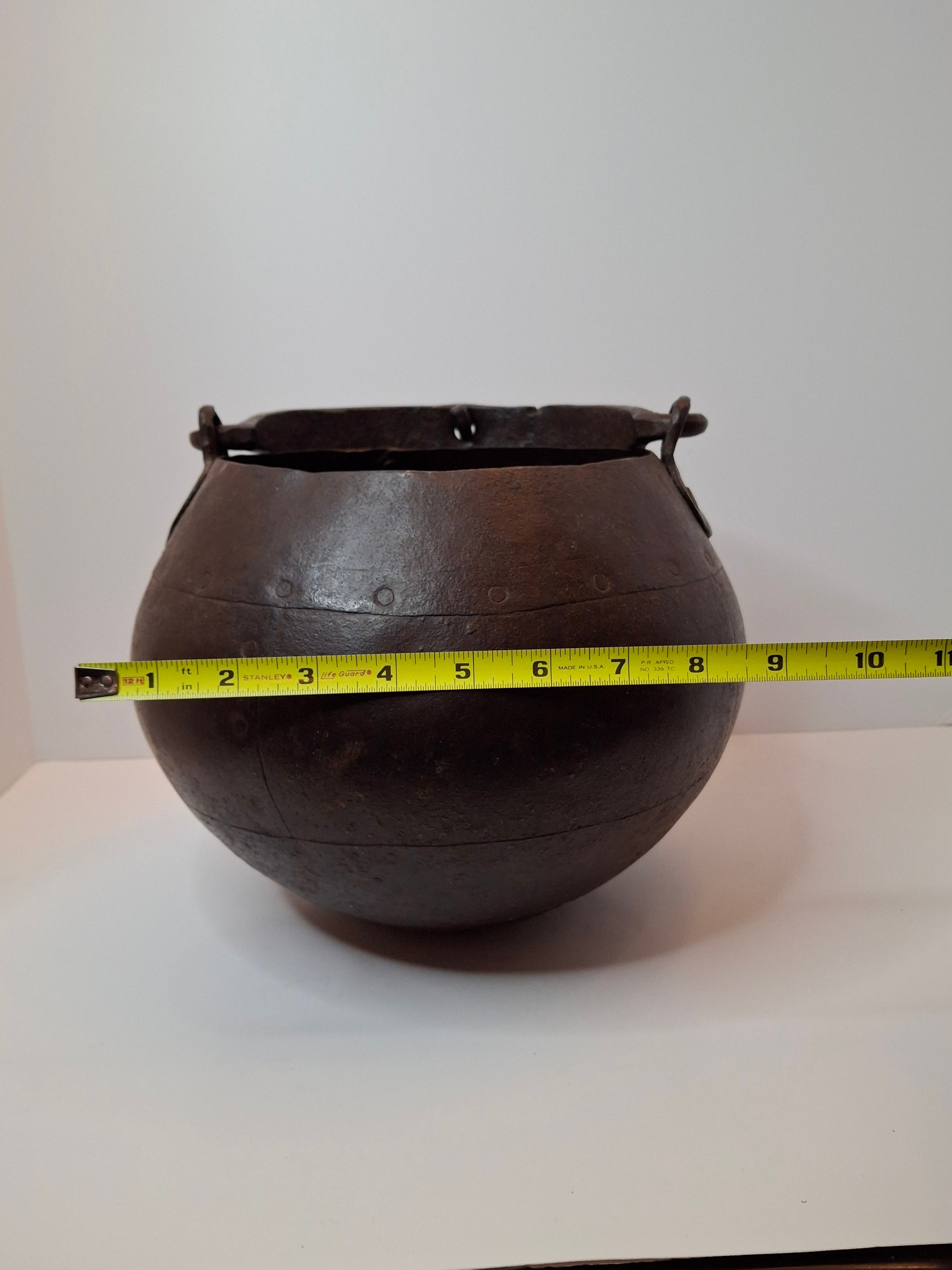 Antique 19th C Hand Forged Wrought Iron Well Bucket Riveted Strap Construction Hearth