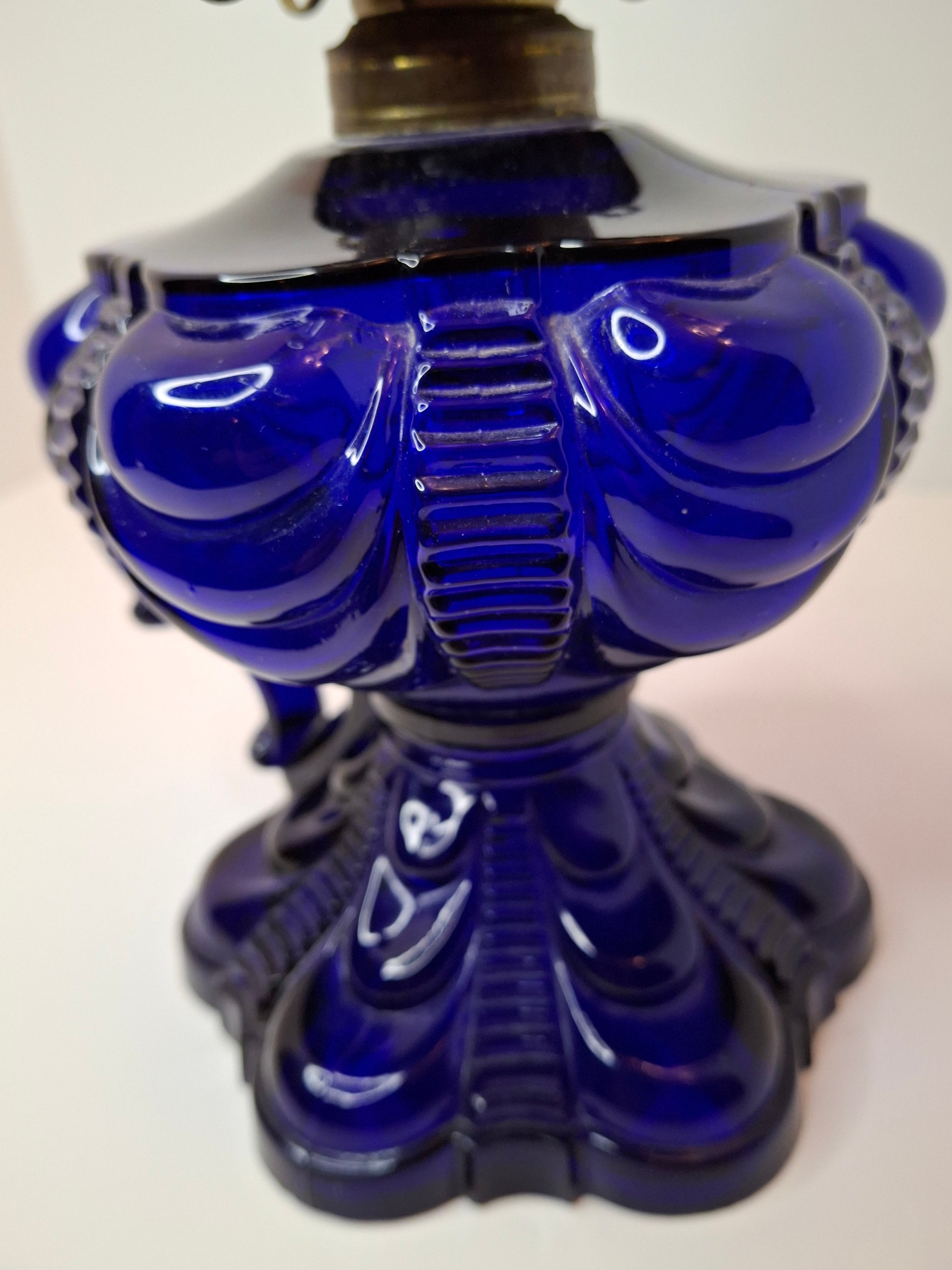 Antique Cobalt Blue EAPG Coolidge Drape Kerosene Oil Lamp P&A Risdon Burner 19thC