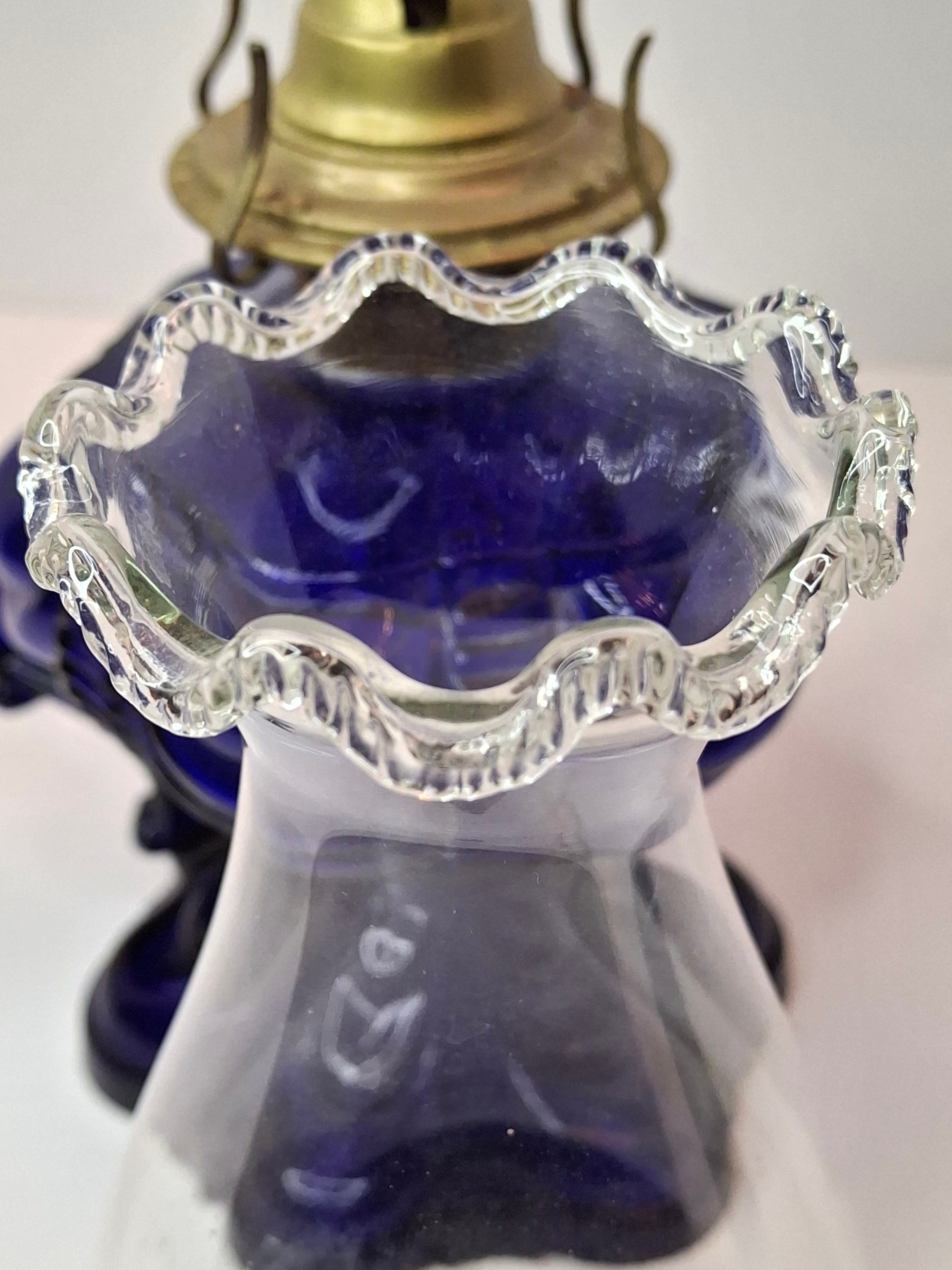 Antique Cobalt Blue EAPG Coolidge Drape Kerosene Oil Lamp P&A Risdon Burner 19thC
