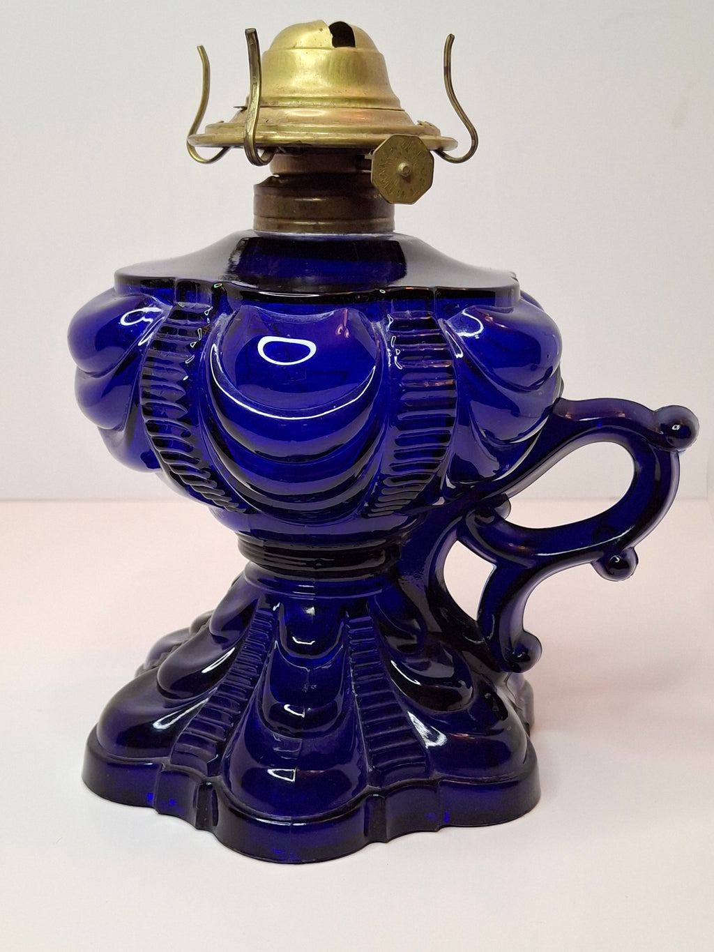 Antique Cobalt Blue EAPG Coolidge Drape Kerosene Oil Lamp P&A Risdon Burner 19thC