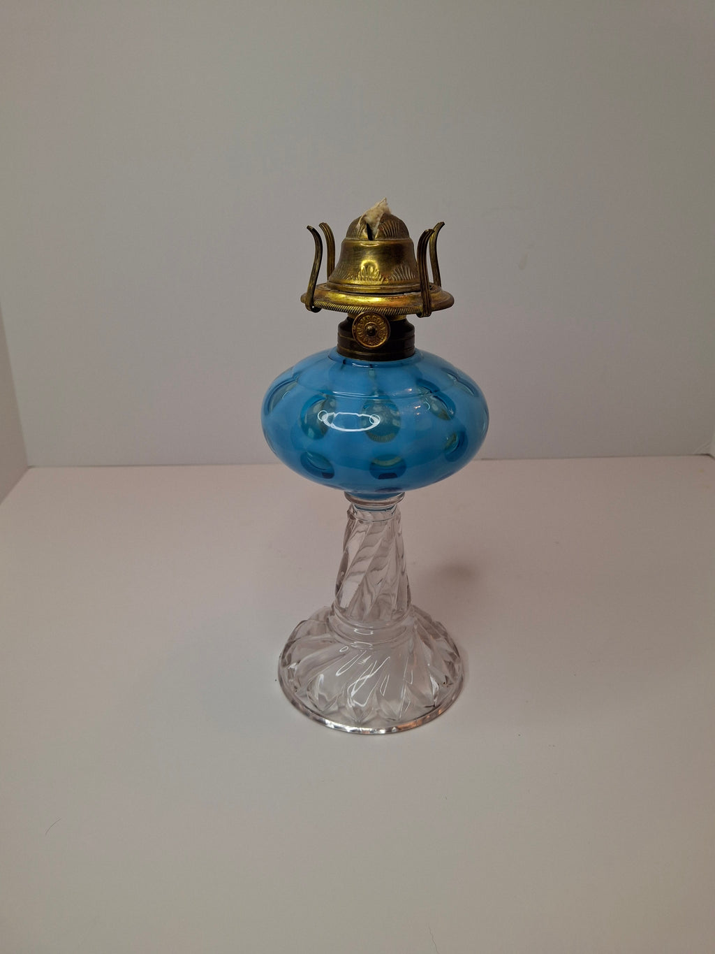 Antique Blue Opalescent Coin Dot Kerosene Oil Lamp Manhattan Brass Co. 1883 Burner
