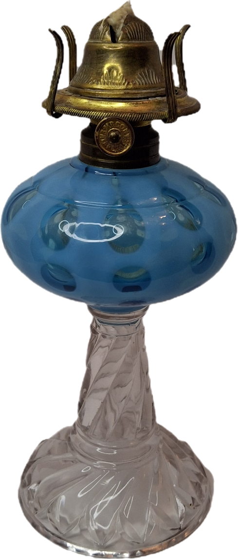Antique Blue Opalescent Coin Dot Kerosene Oil Lamp Manhattan Brass Co. 1883 Burner