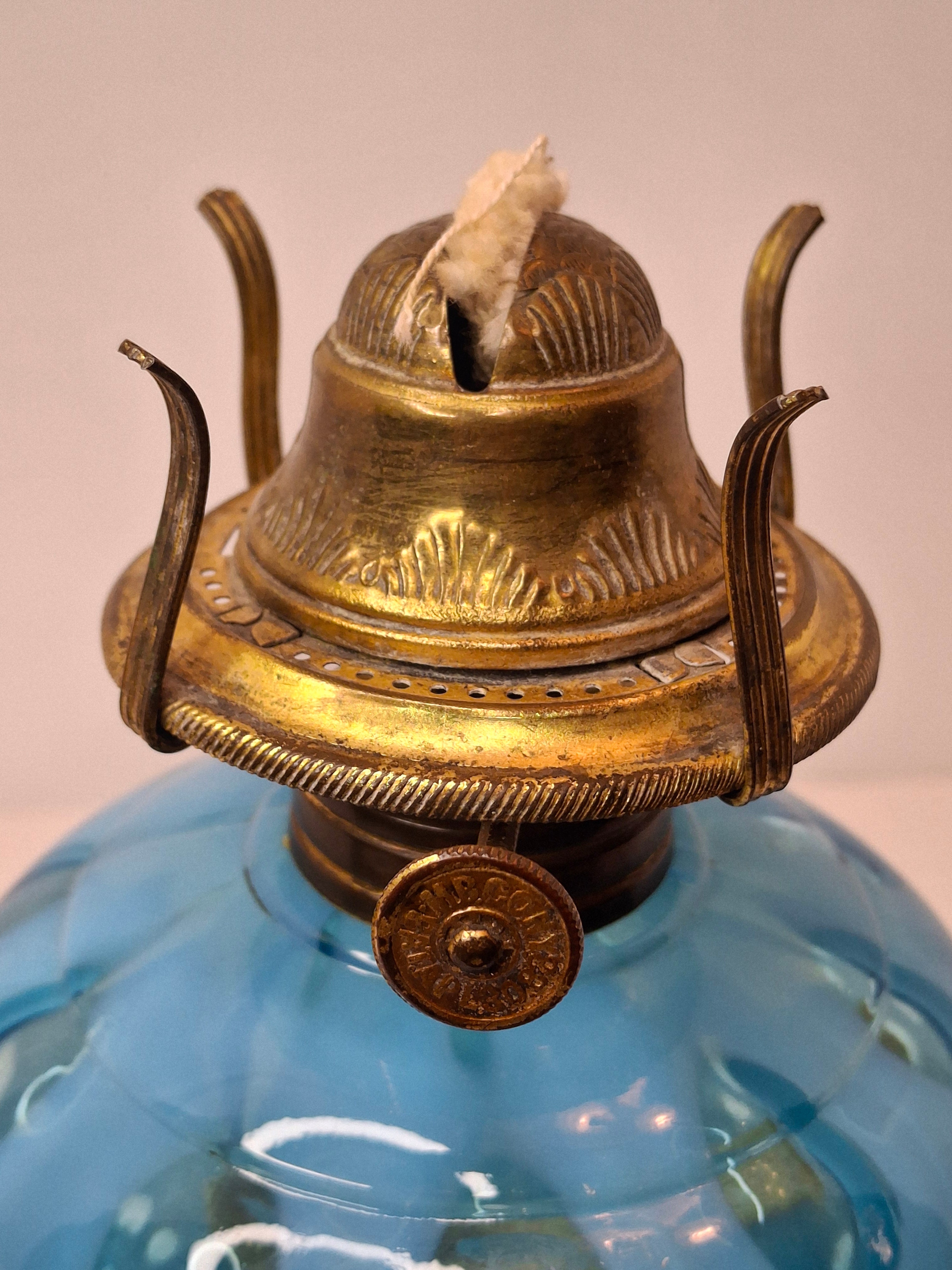 Antique Blue Opalescent Coin Dot Kerosene Oil Lamp Manhattan Brass Co. 1883 Burner