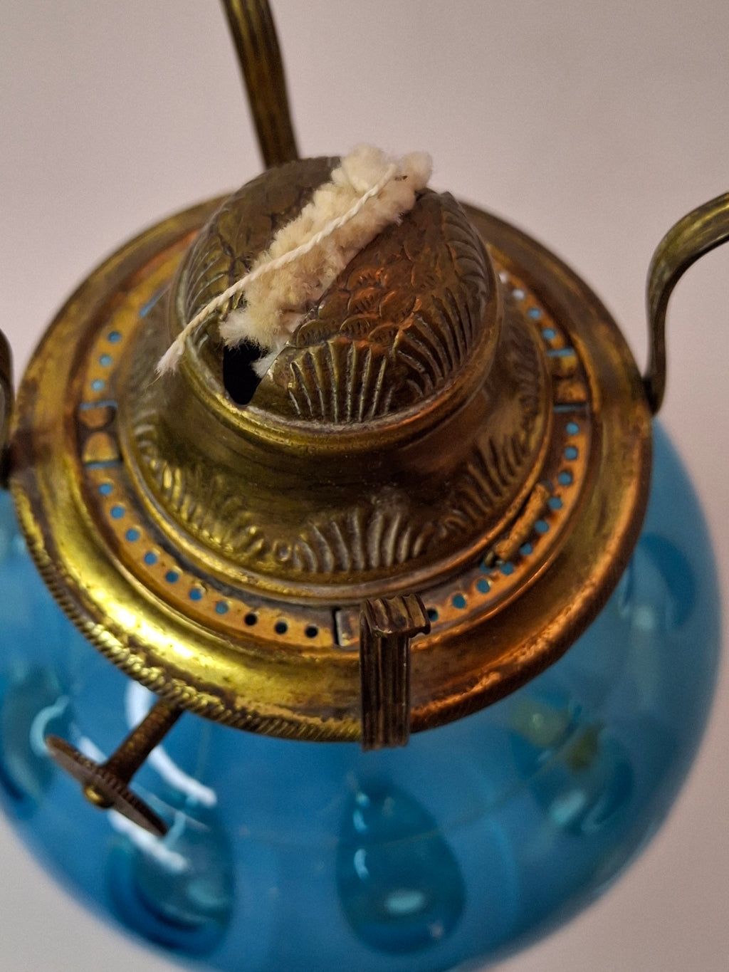Antique Blue Opalescent Coin Dot Kerosene Oil Lamp Manhattan Brass Co. 1883 Burner
