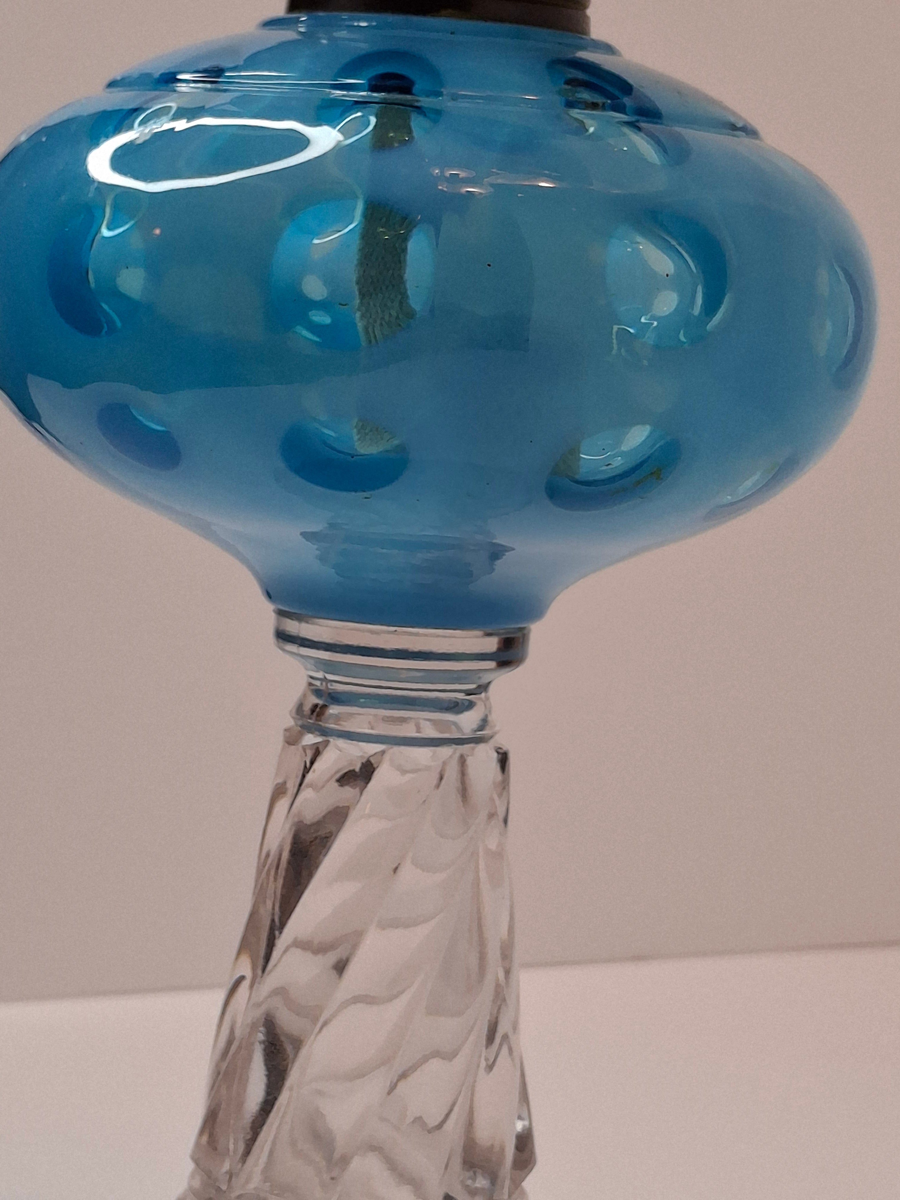 Antique Blue Opalescent Coin Dot Kerosene Oil Lamp Manhattan Brass Co. 1883 Burner