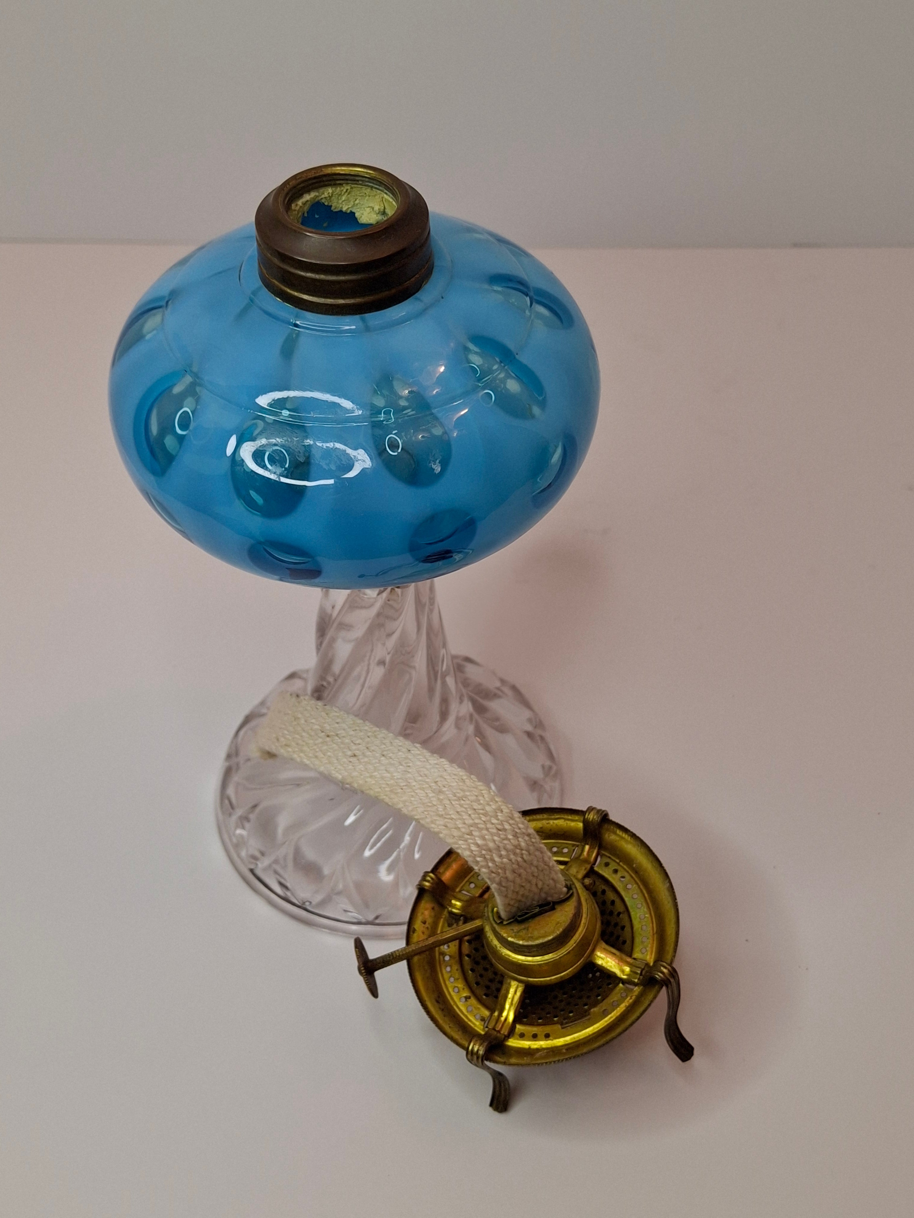 Antique Blue Opalescent Coin Dot Kerosene Oil Lamp Manhattan Brass Co. 1883 Burner