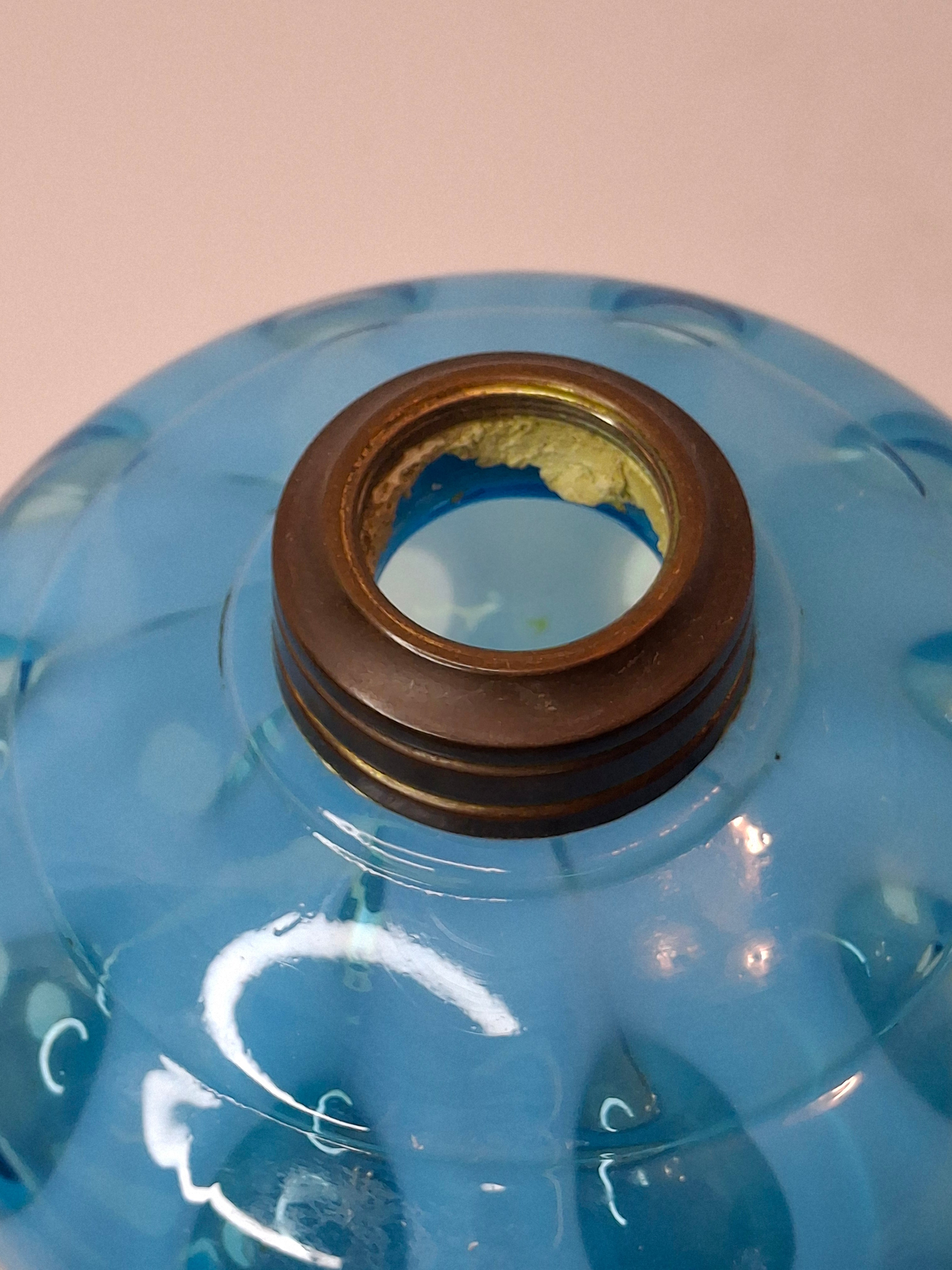 Antique Blue Opalescent Coin Dot Kerosene Oil Lamp Manhattan Brass Co. 1883 Burner