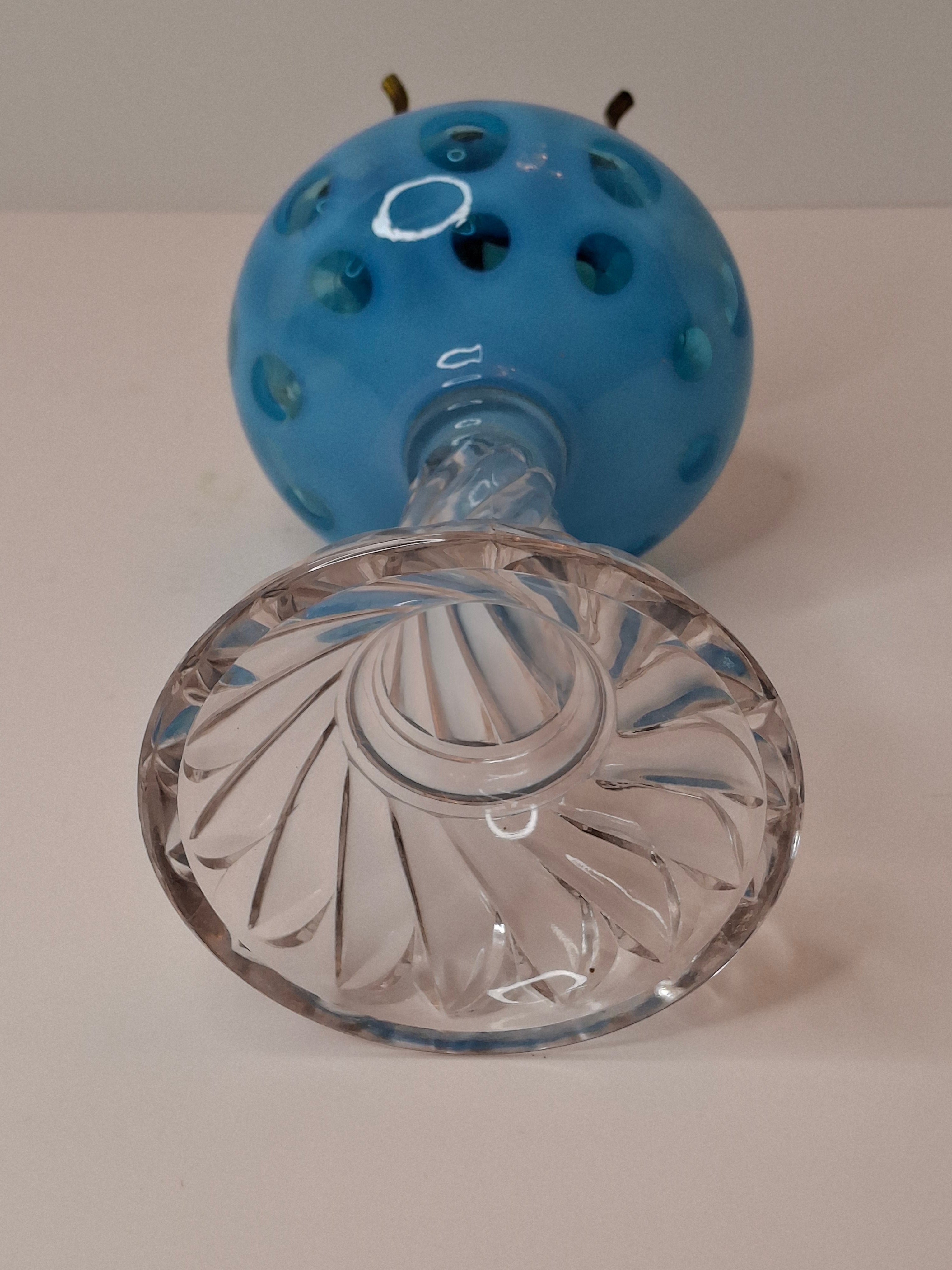 Antique Blue Opalescent Coin Dot Kerosene Oil Lamp Manhattan Brass Co. 1883 Burner