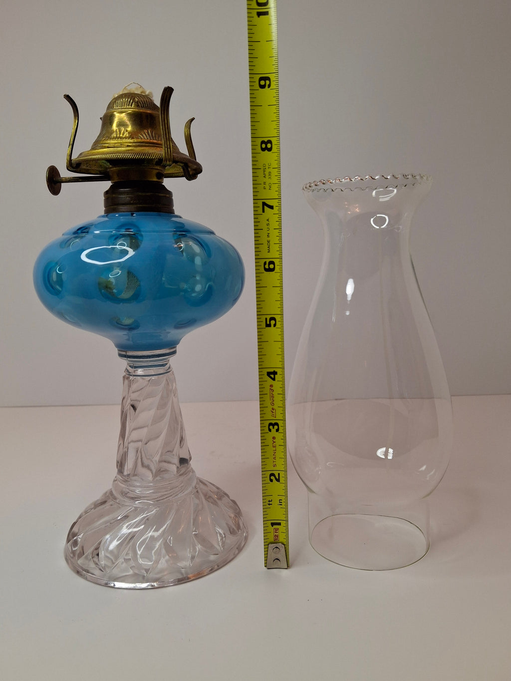 Antique Blue Opalescent Coin Dot Kerosene Oil Lamp Manhattan Brass Co. 1883 Burner