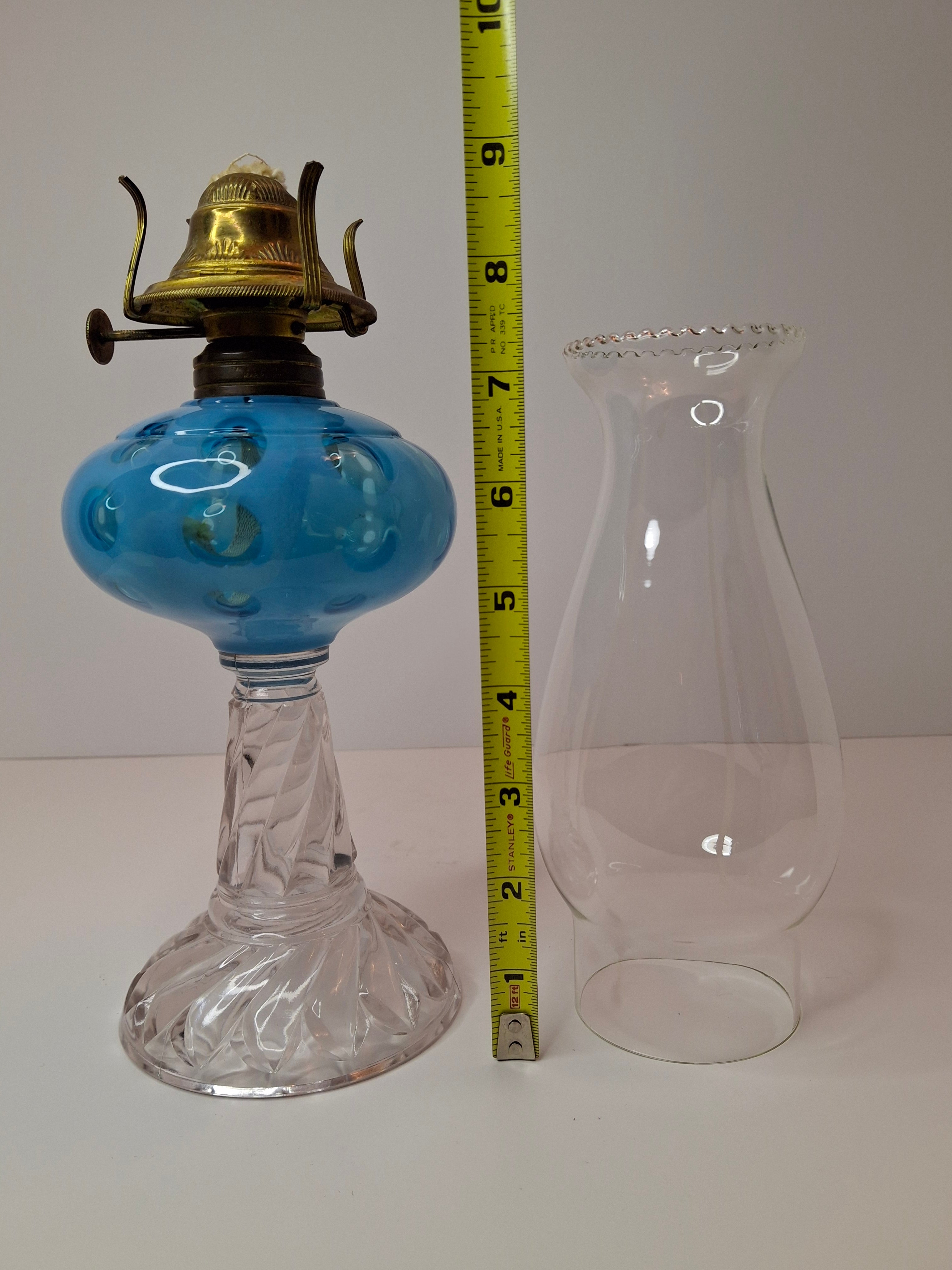 Antique Blue Opalescent Coin Dot Kerosene Oil Lamp Manhattan Brass Co. 1883 Burner