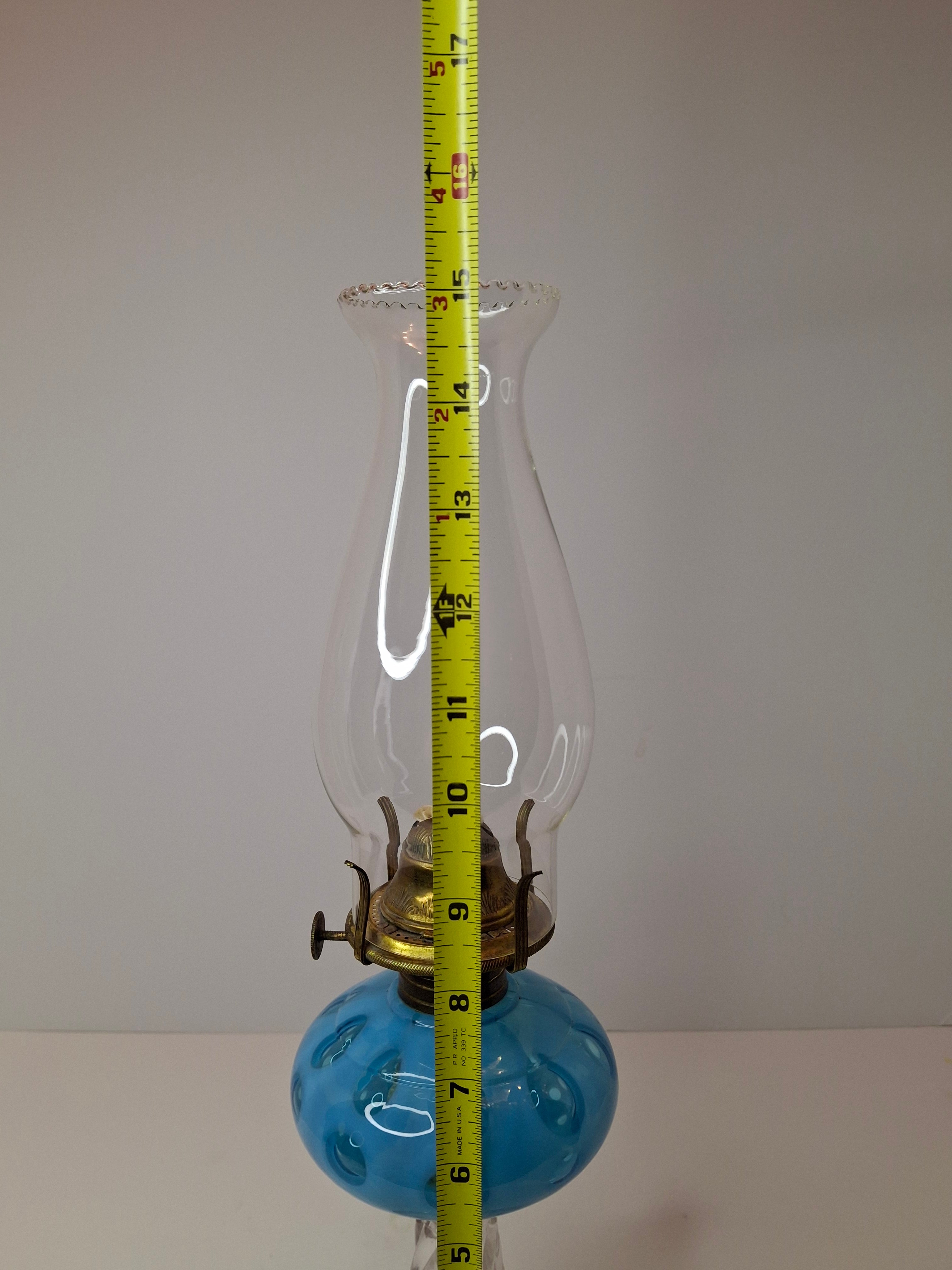 Antique Blue Opalescent Coin Dot Kerosene Oil Lamp Manhattan Brass Co. 1883 Burner