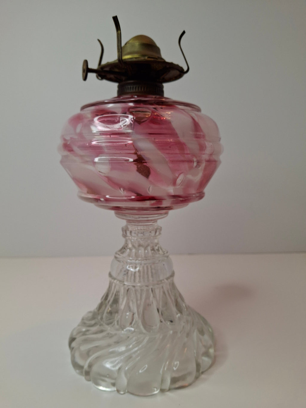 RARE Antique Cranberry Opalescent Swirl Kerosene Lamp Northwood Paneled Arches EAPG