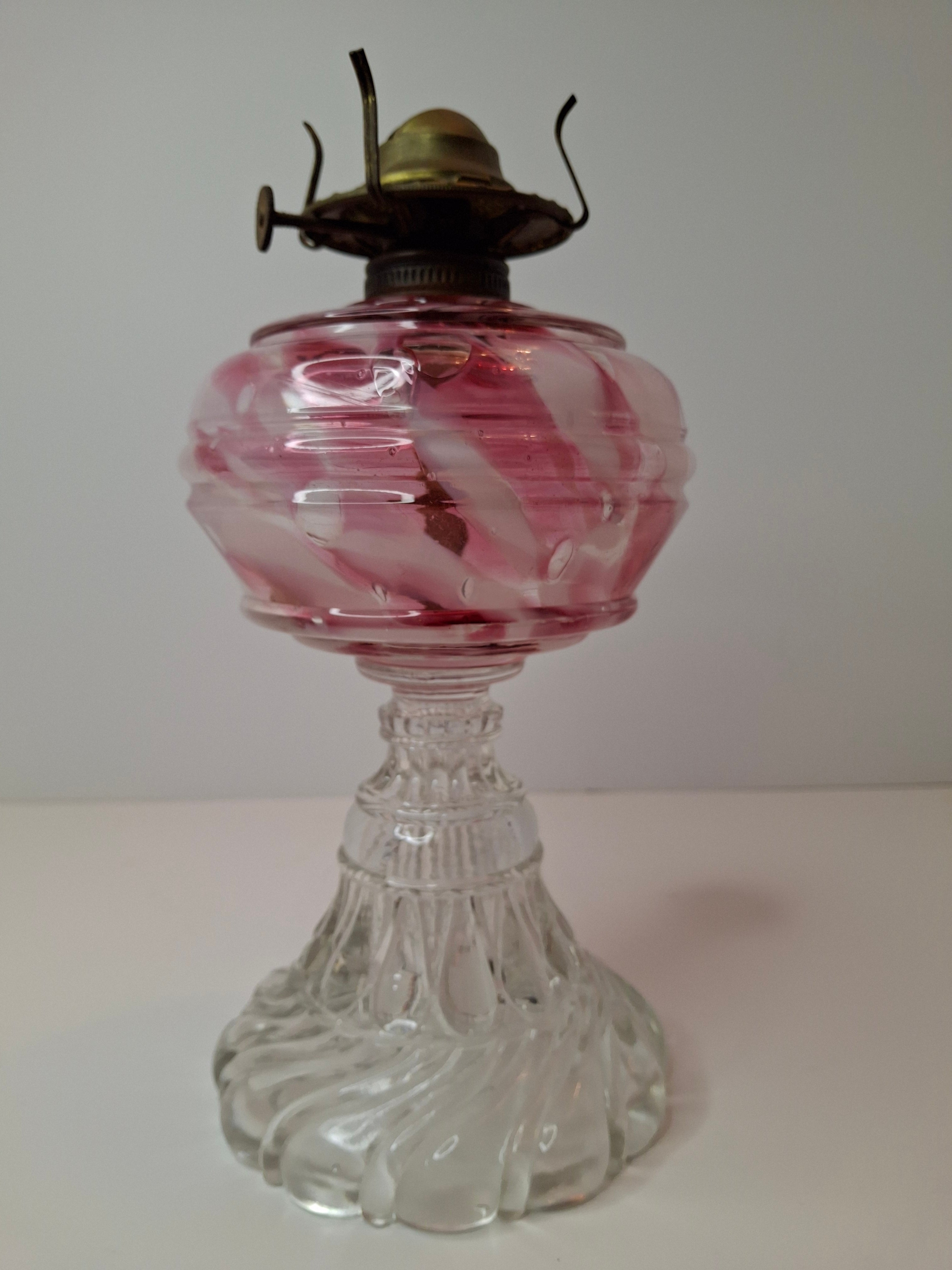 RARE Antique Cranberry Opalescent Swirl Kerosene Lamp Northwood Paneled Arches EAPG