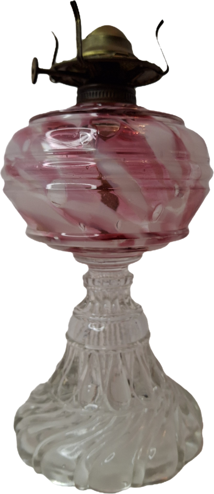 RARE Antique Cranberry Opalescent Swirl Kerosene Lamp Northwood Paneled Arches EAPG