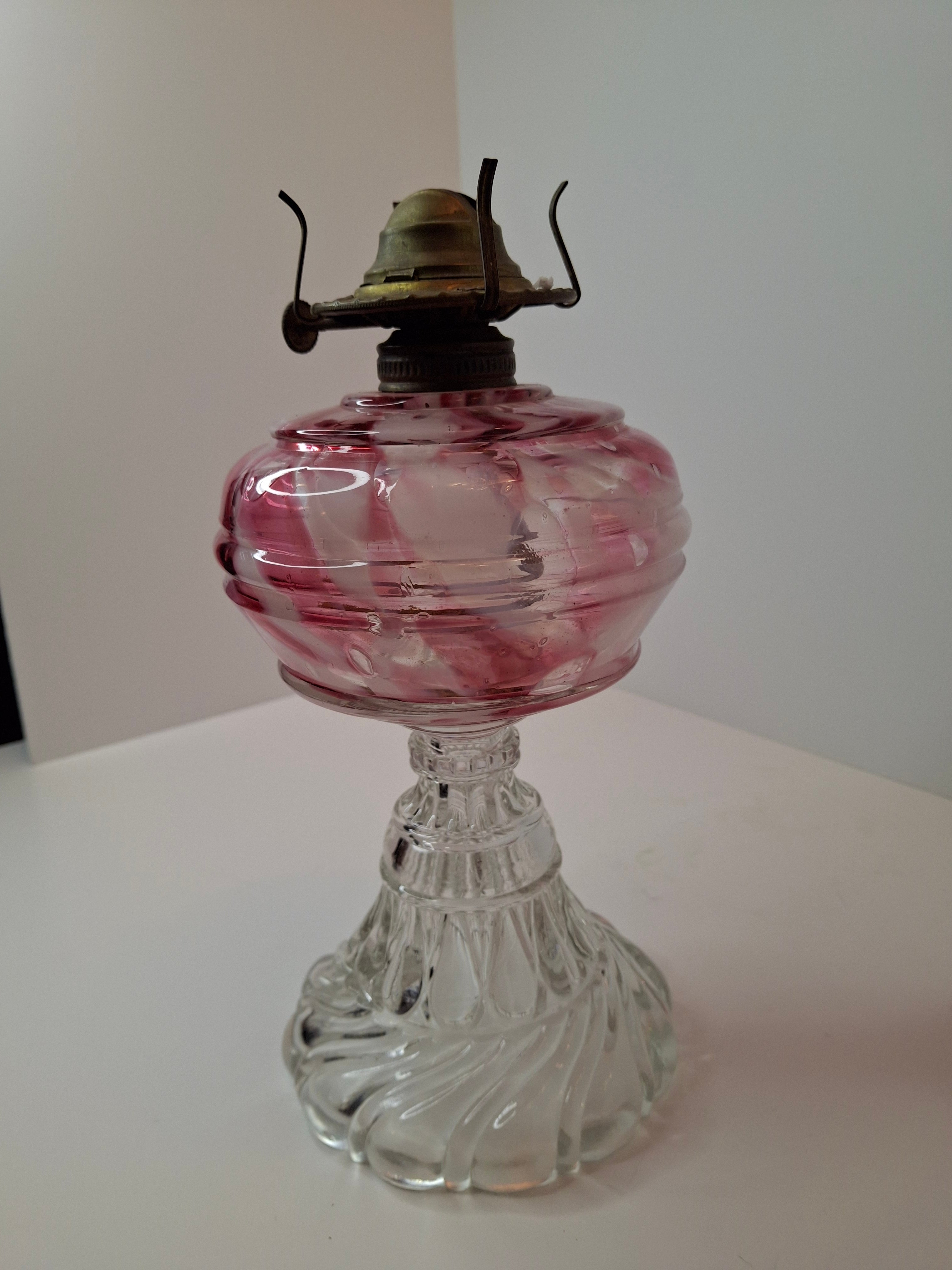 RARE Antique Cranberry Opalescent Swirl Kerosene Lamp Northwood Paneled Arches EAPG