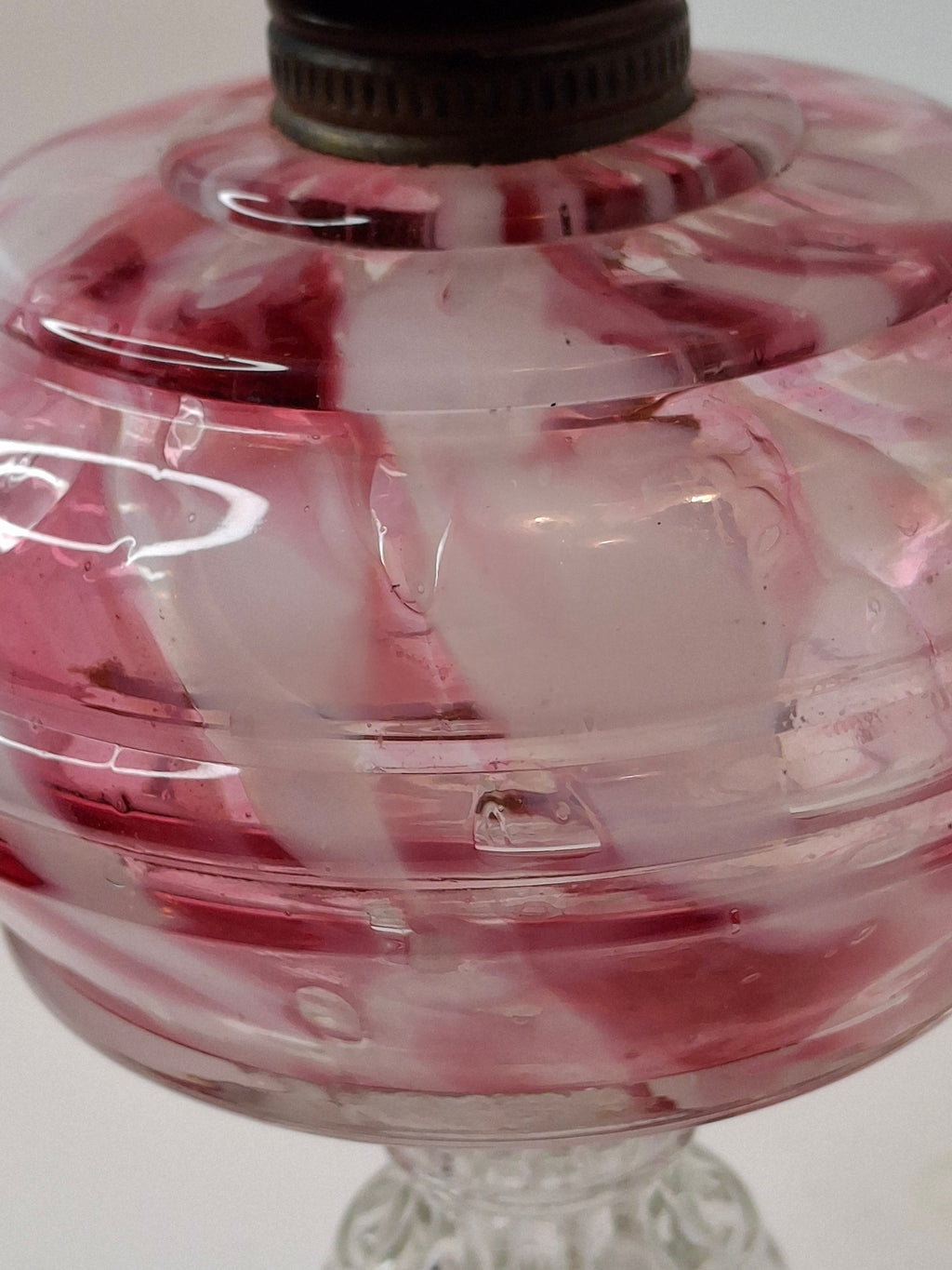 RARE Antique Cranberry Opalescent Swirl Kerosene Lamp Northwood Paneled Arches EAPG