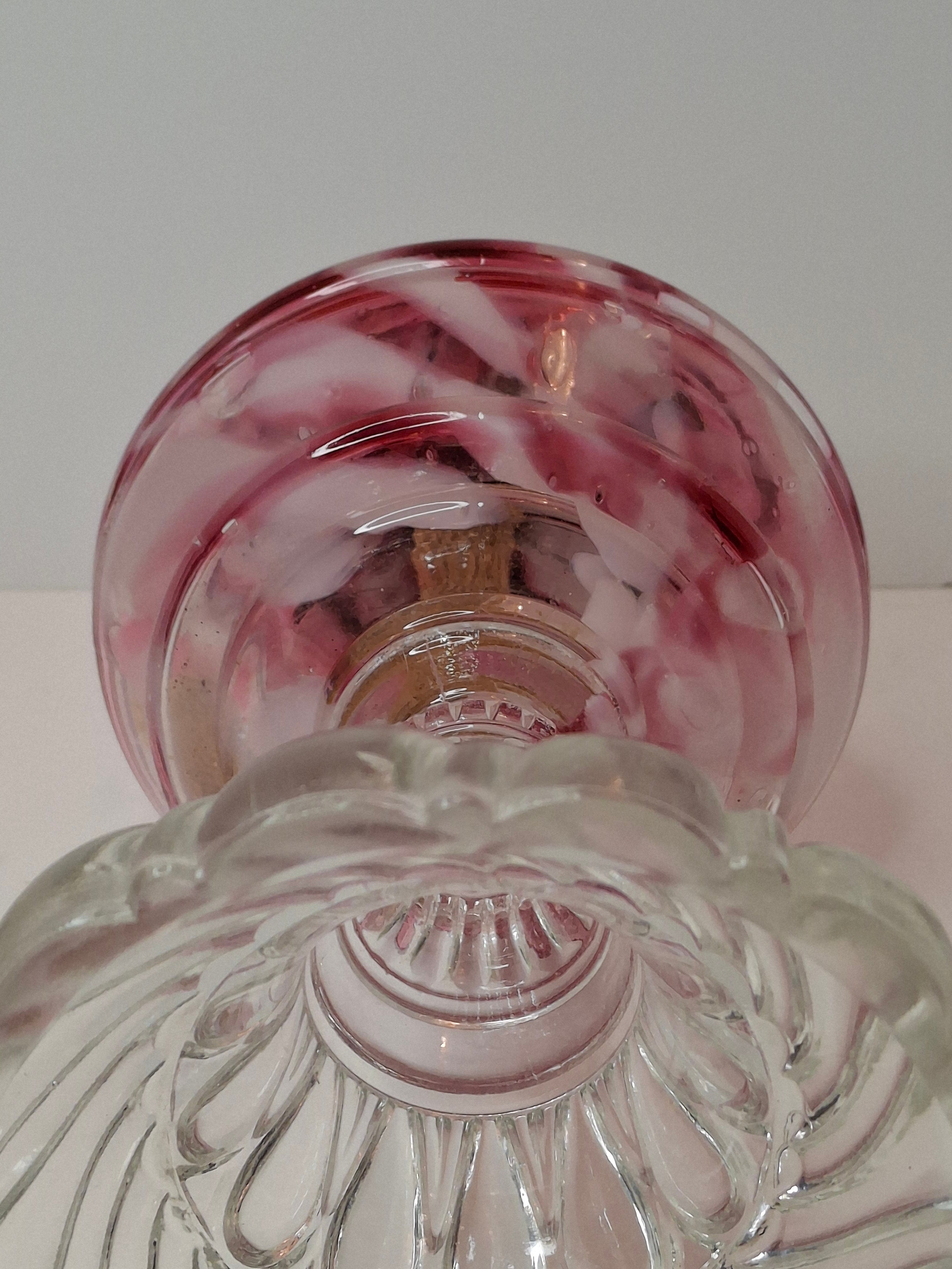 RARE Antique Cranberry Opalescent Swirl Kerosene Lamp Northwood Paneled Arches EAPG