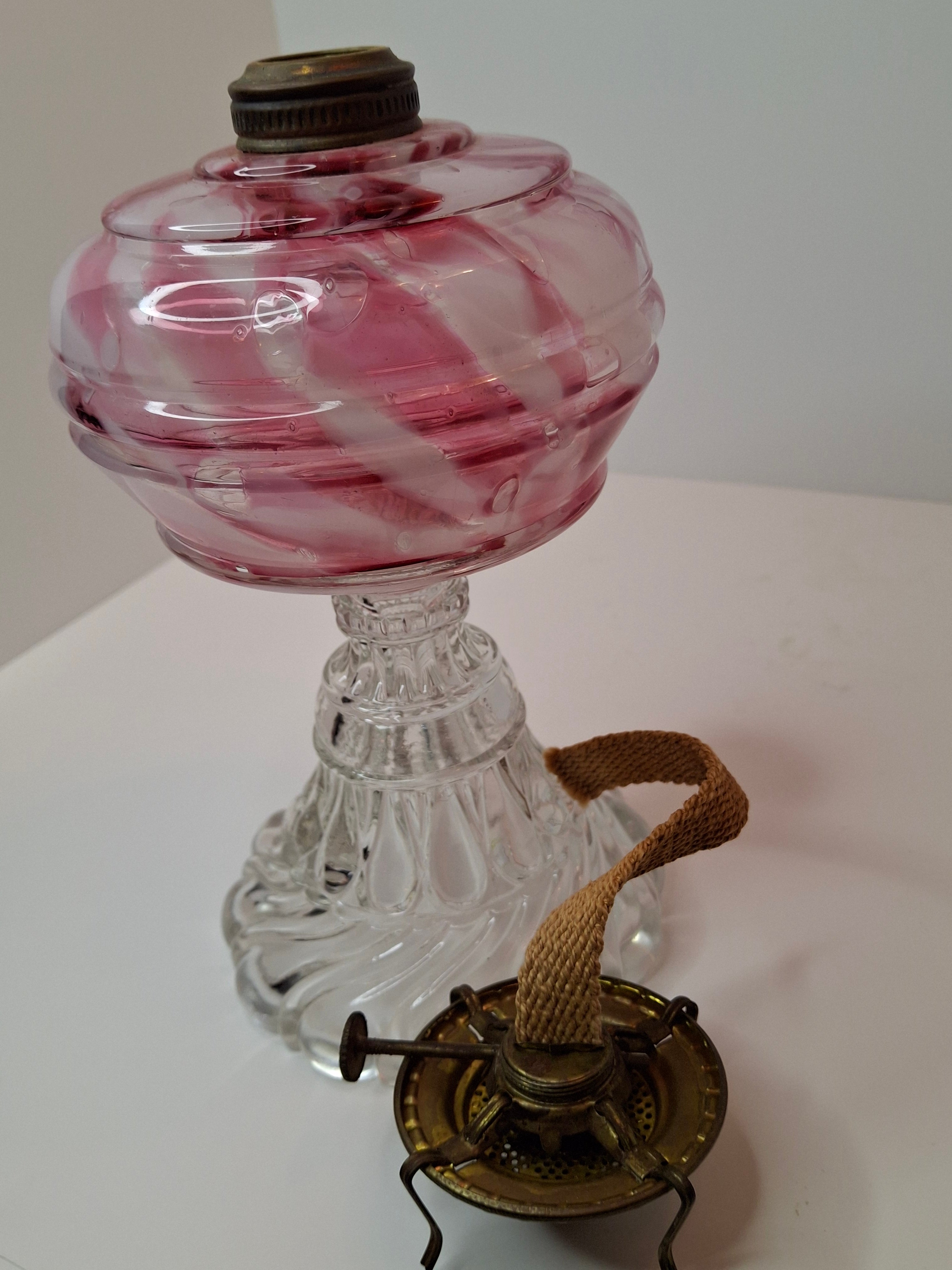 RARE Antique Cranberry Opalescent Swirl Kerosene Lamp Northwood Paneled Arches EAPG