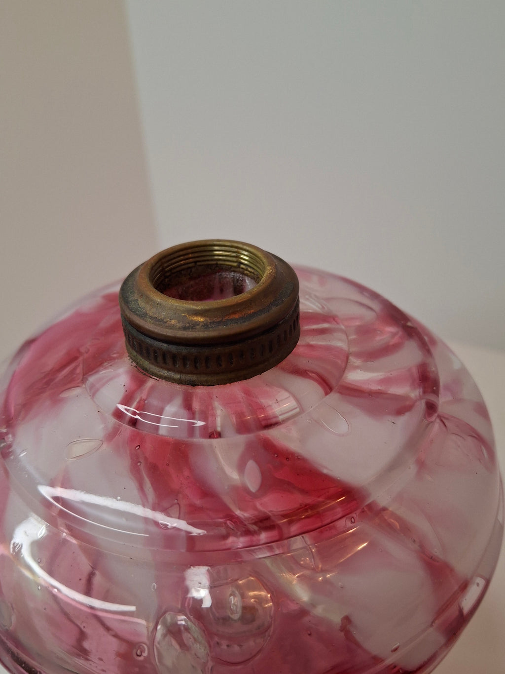 RARE Antique Cranberry Opalescent Swirl Kerosene Lamp Northwood Paneled Arches EAPG