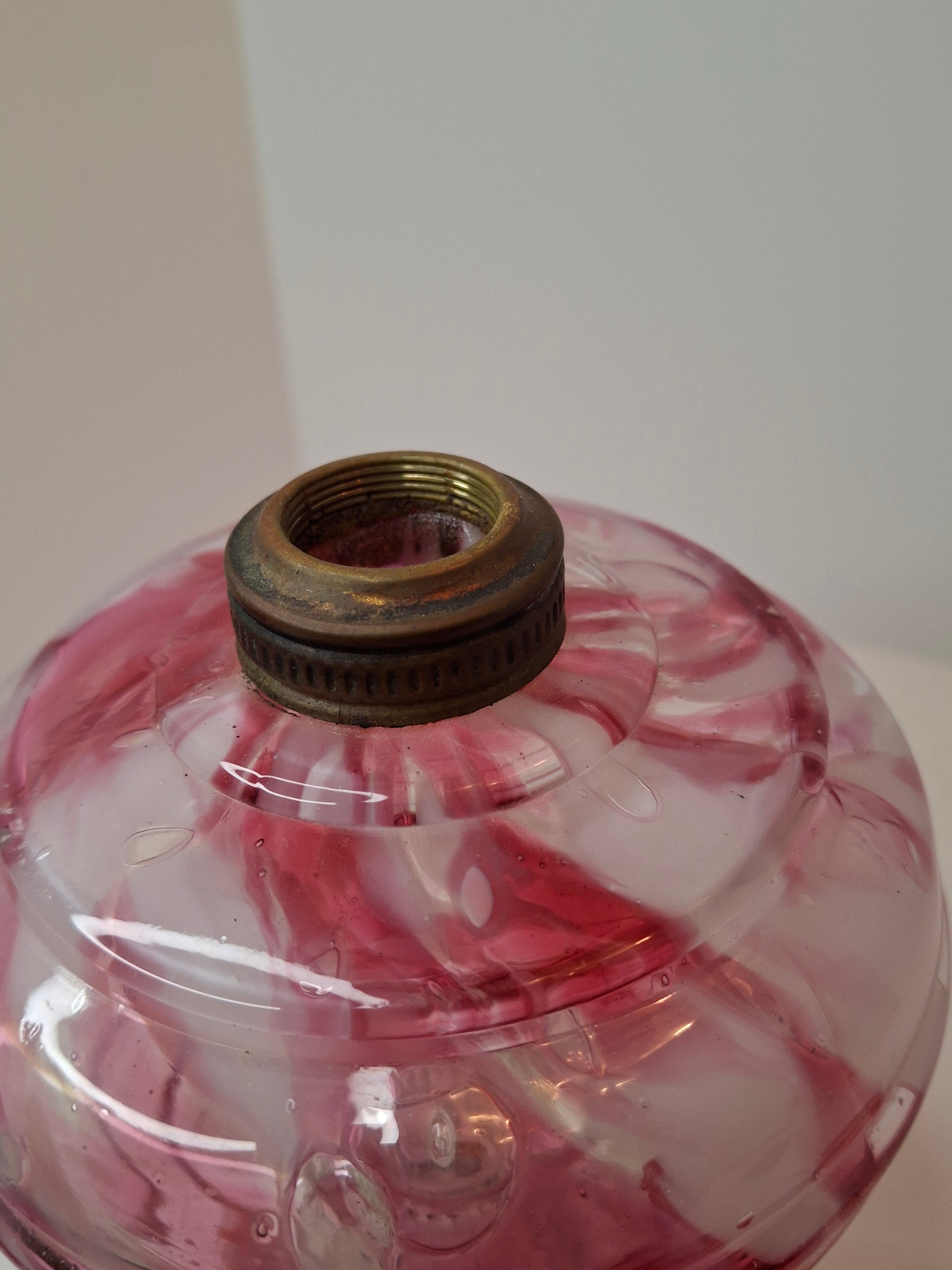 RARE Antique Cranberry Opalescent Swirl Kerosene Lamp Northwood Paneled Arches EAPG