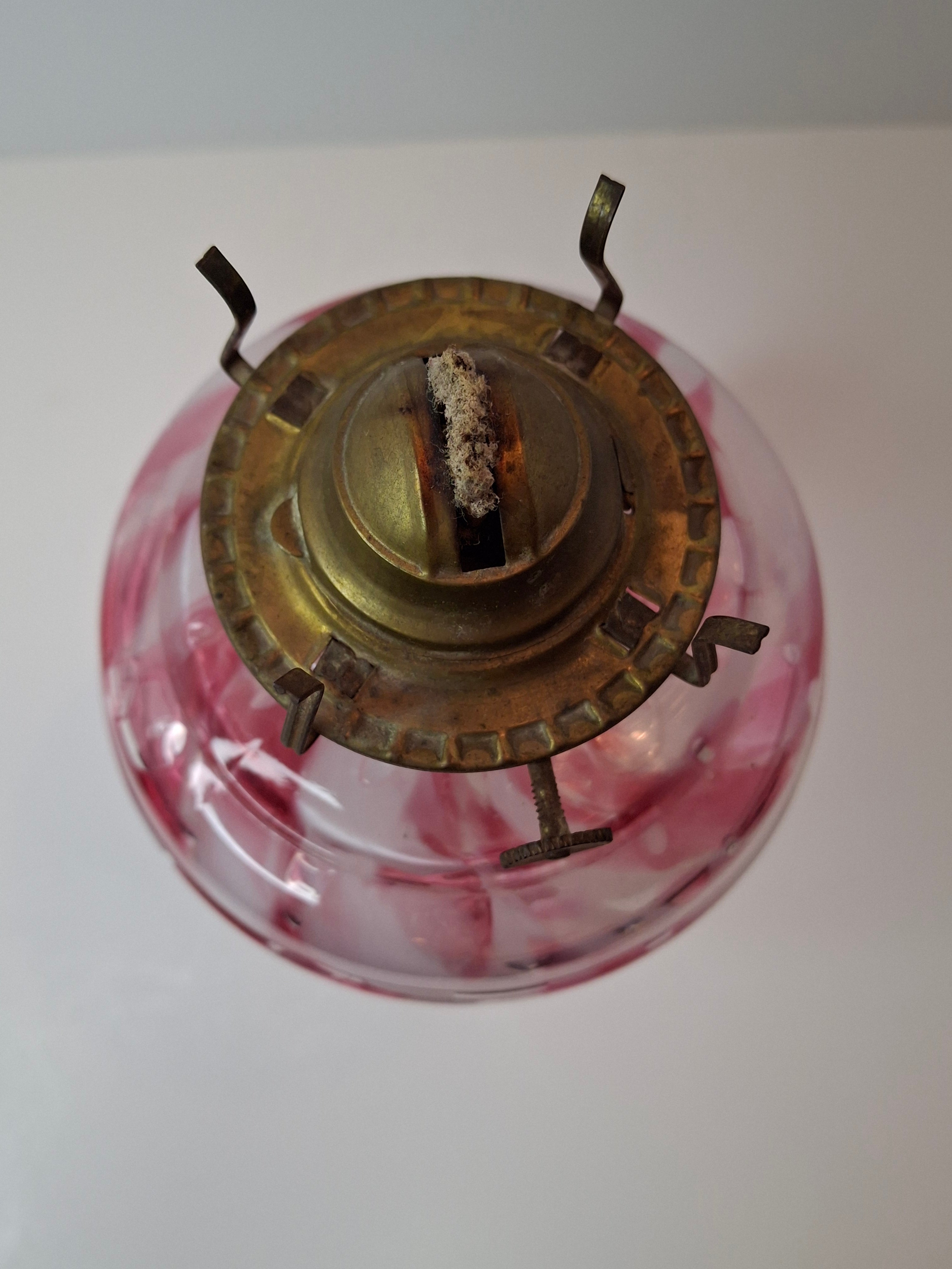 RARE Antique Cranberry Opalescent Swirl Kerosene Lamp Northwood Paneled Arches EAPG
