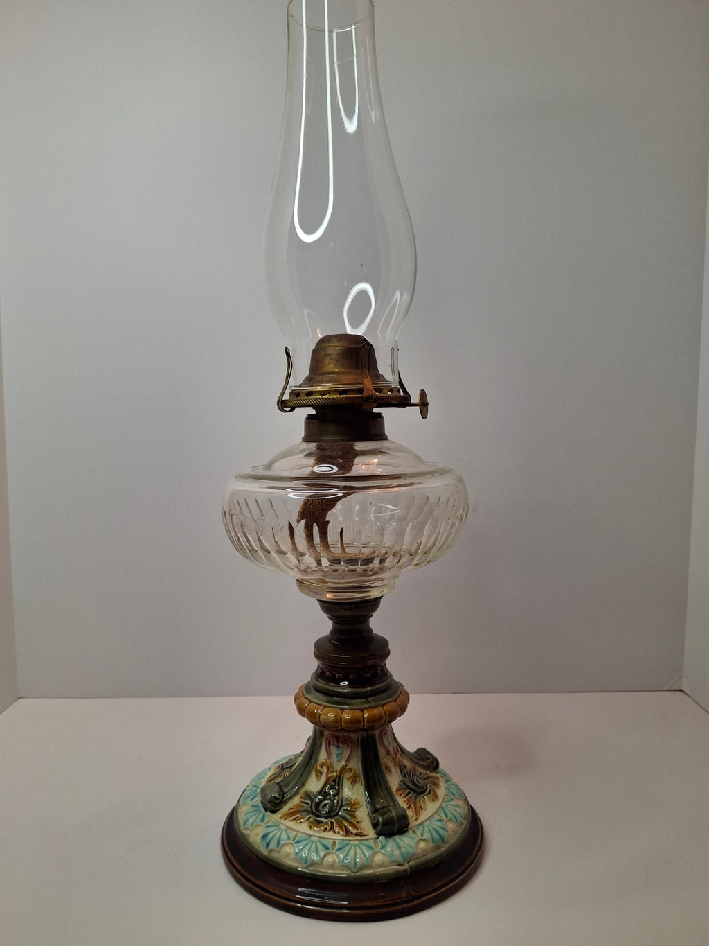 Antique Doulton Burslem Majolica Oil Lamp | American Brass Co No. 2 Burner | Floral Relief Ceramic & Ribbed Glass | Circa 1890