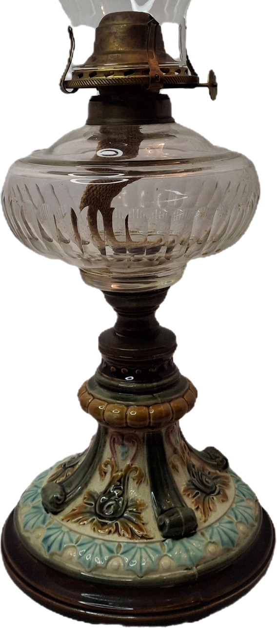 Antique Doulton Burslem Majolica Oil Lamp | American Brass Co No. 2 Burner | Floral Relief Ceramic & Ribbed Glass | Circa 1890