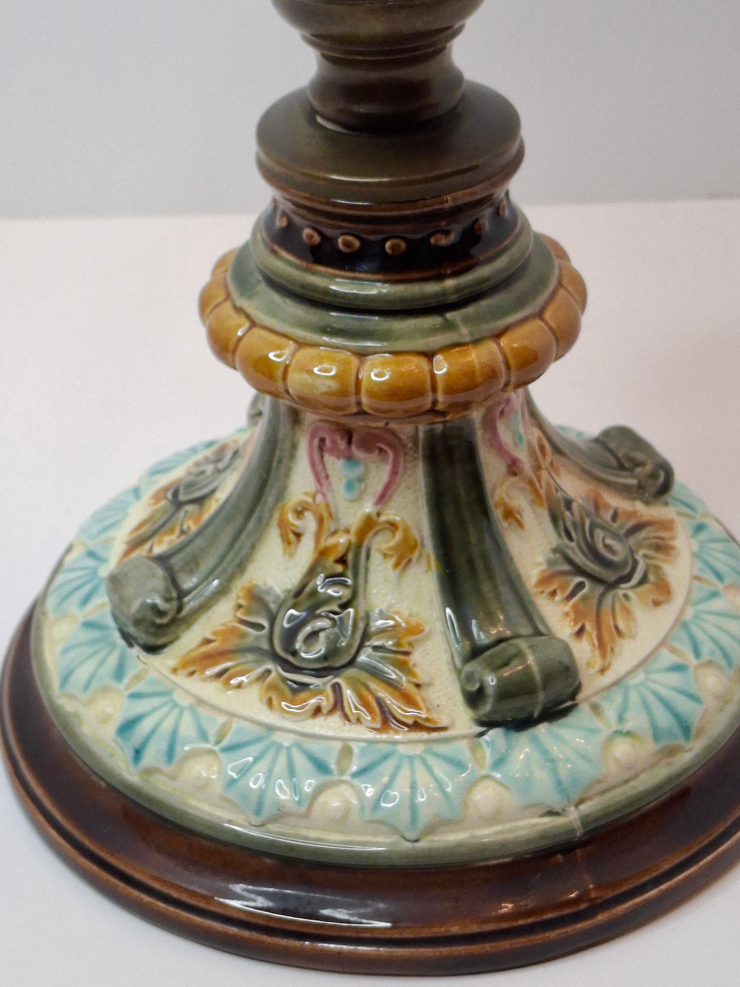 Antique Doulton Burslem Majolica Oil Lamp | American Brass Co No. 2 Burner | Floral Relief Ceramic & Ribbed Glass | Circa 1890