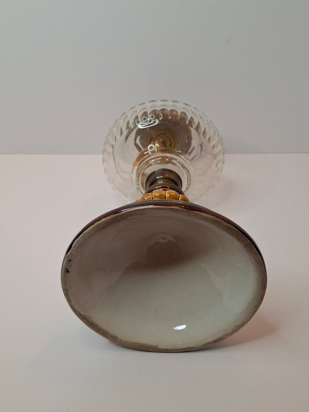 Antique Doulton Burslem Majolica Oil Lamp | American Brass Co No. 2 Burner | Floral Relief Ceramic & Ribbed Glass | Circa 1890