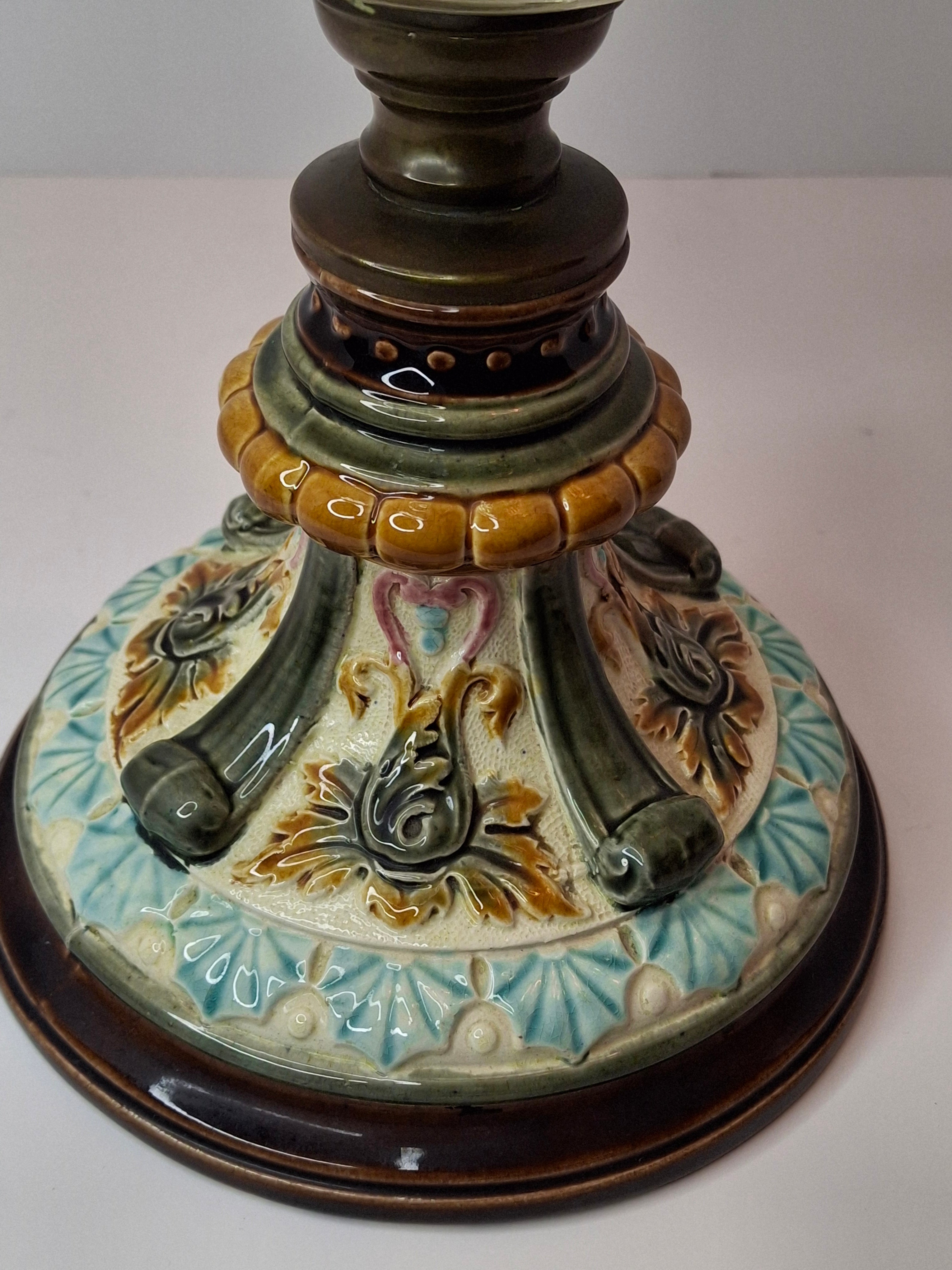Antique Doulton Burslem Majolica Oil Lamp | American Brass Co No. 2 Burner | Floral Relief Ceramic & Ribbed Glass | Circa 1890