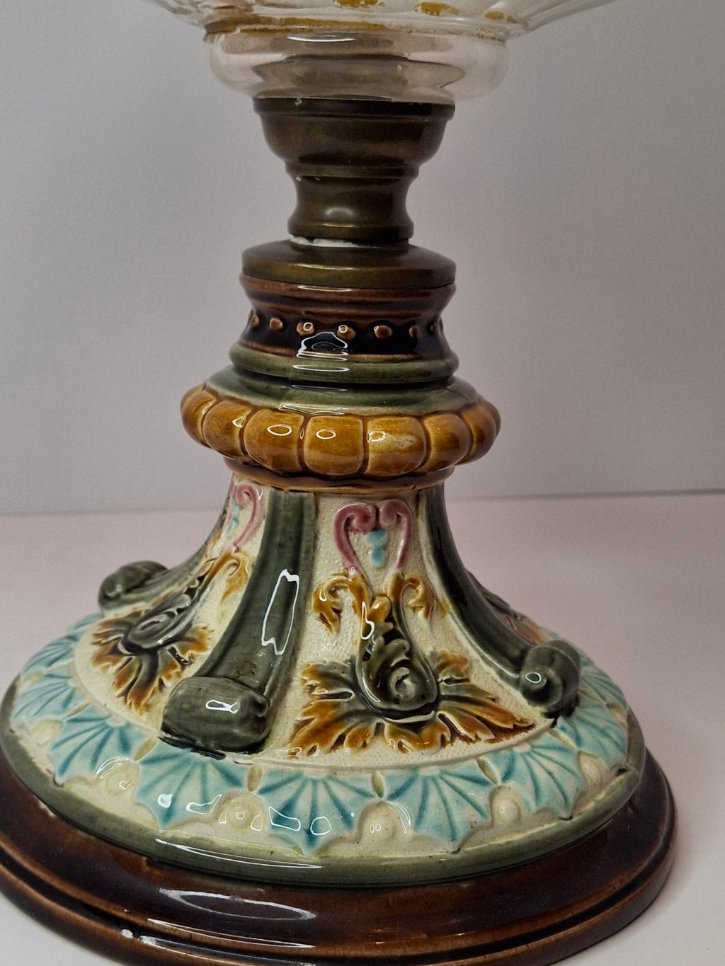 Antique Doulton Burslem Majolica Oil Lamp | American Brass Co No. 2 Burner | Floral Relief Ceramic & Ribbed Glass | Circa 1890