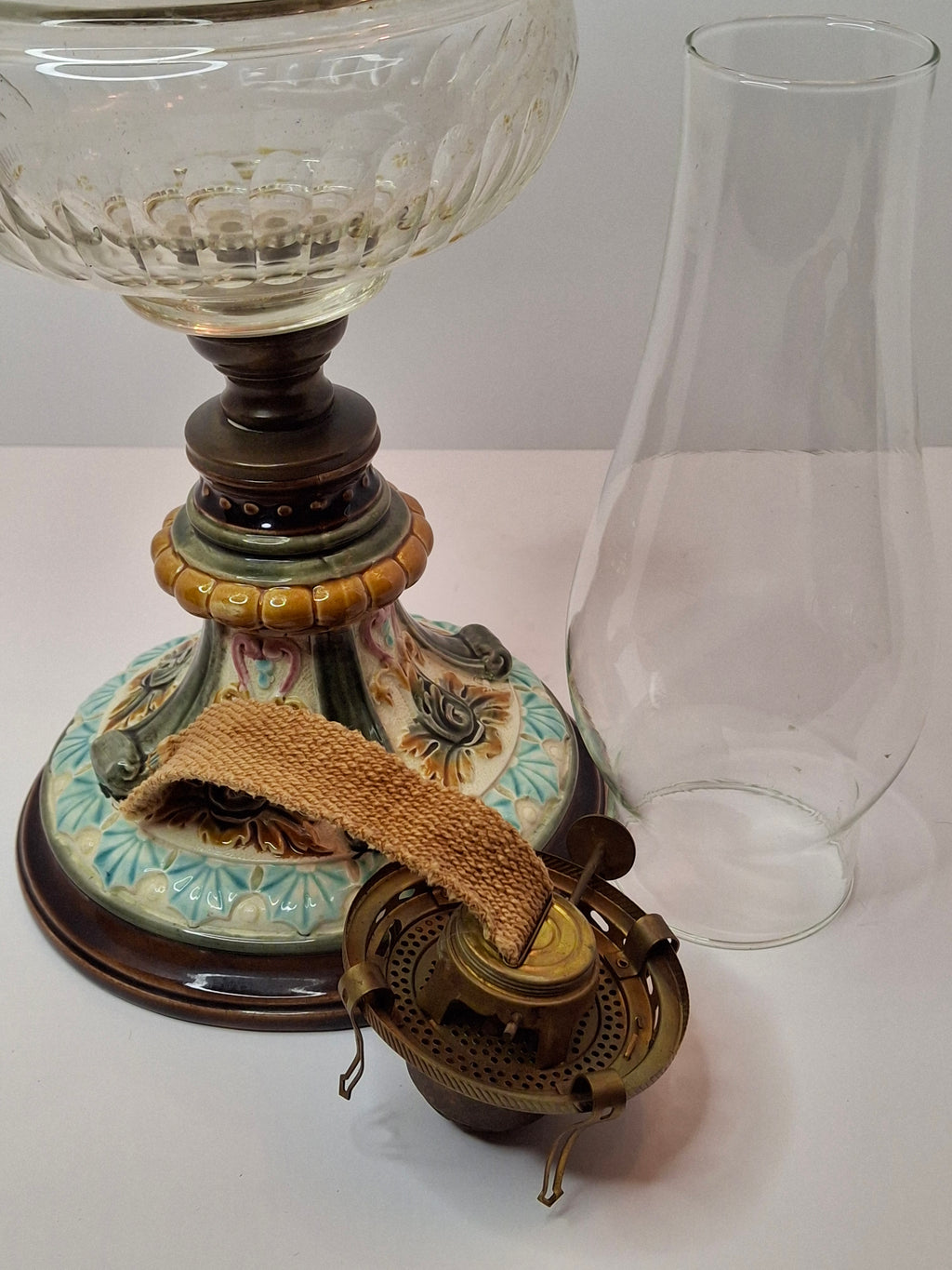 Antique Doulton Burslem Majolica Oil Lamp | American Brass Co No. 2 Burner | Floral Relief Ceramic & Ribbed Glass | Circa 1890
