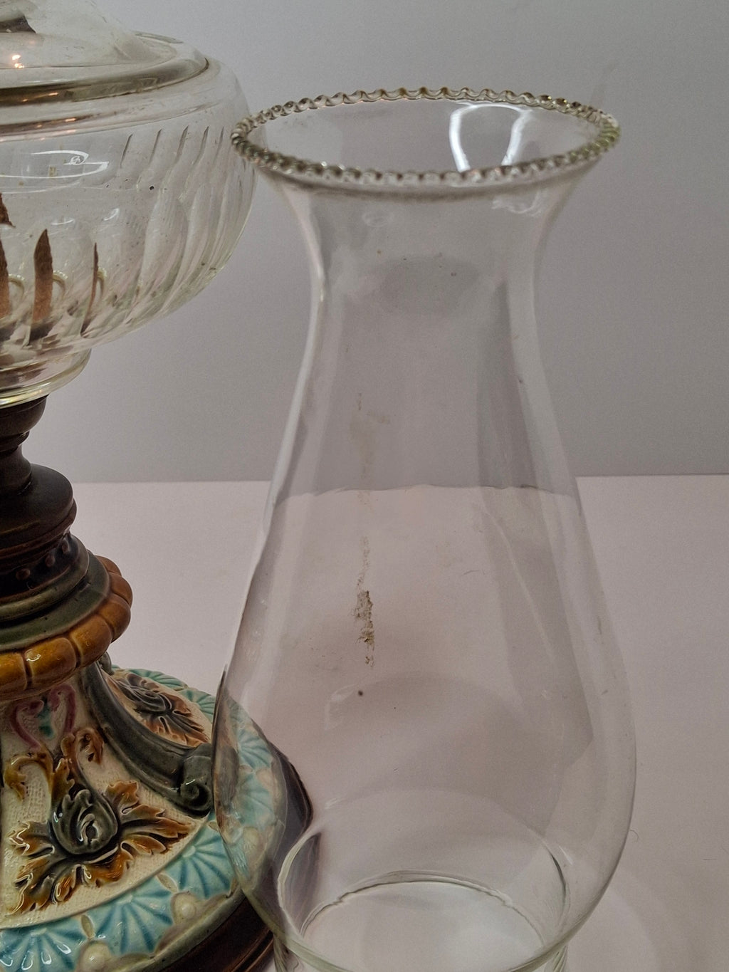 Antique Doulton Burslem Majolica Oil Lamp | American Brass Co No. 2 Burner | Floral Relief Ceramic & Ribbed Glass | Circa 1890