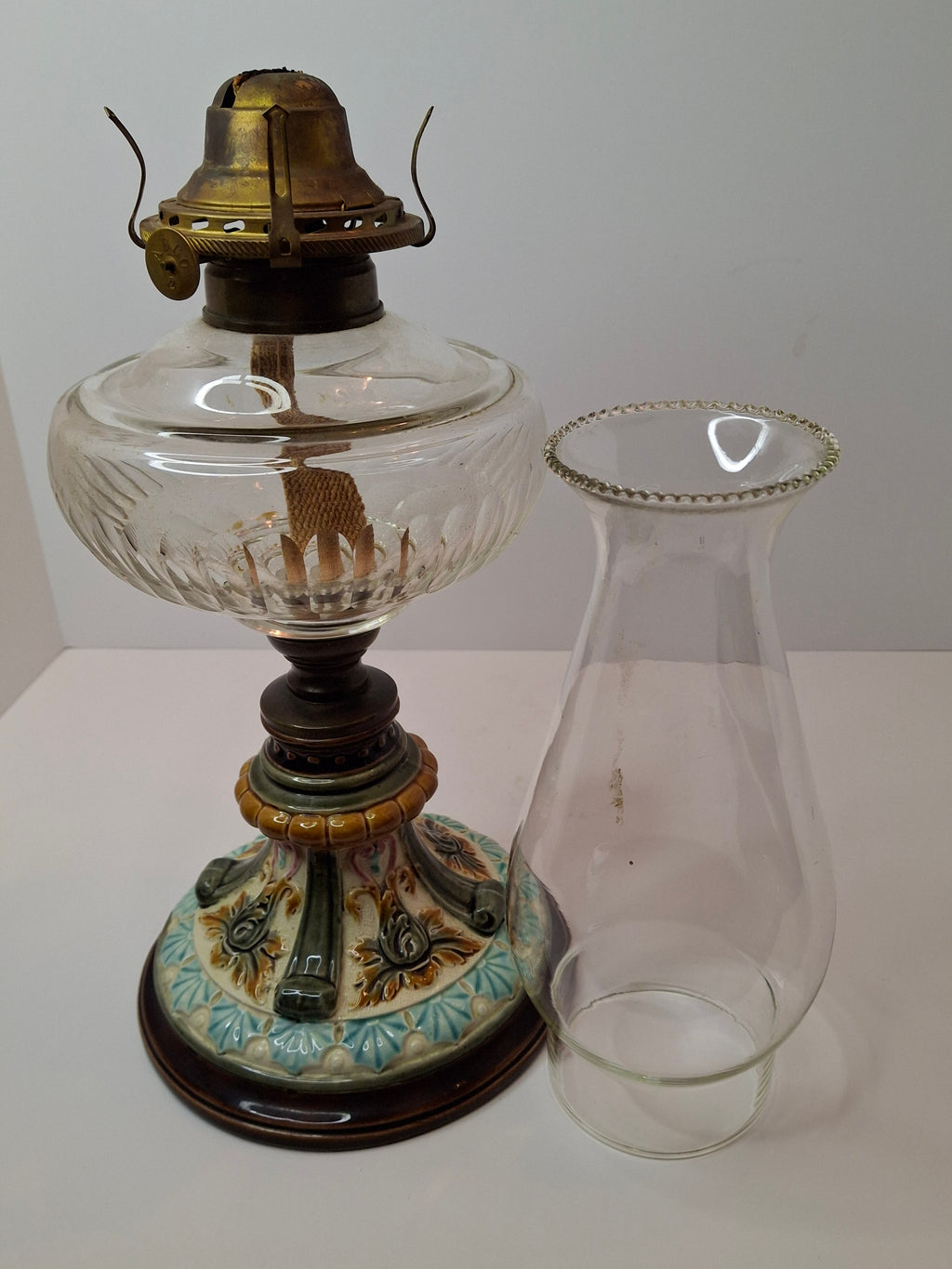 Antique Doulton Burslem Majolica Oil Lamp | American Brass Co No. 2 Burner | Floral Relief Ceramic & Ribbed Glass | Circa 1890