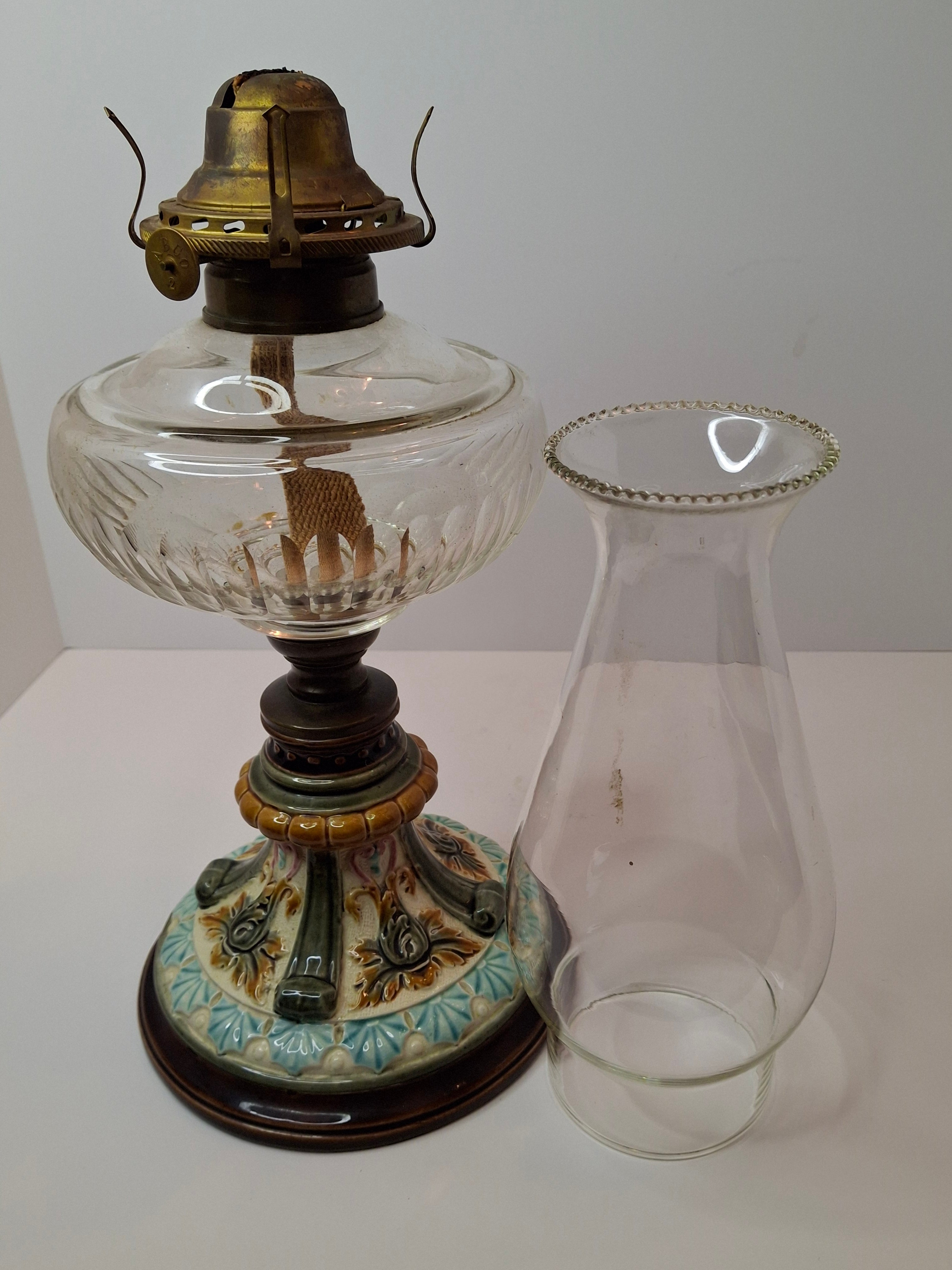 Antique Doulton Burslem Majolica Oil Lamp | American Brass Co No. 2 Burner | Floral Relief Ceramic & Ribbed Glass | Circa 1890